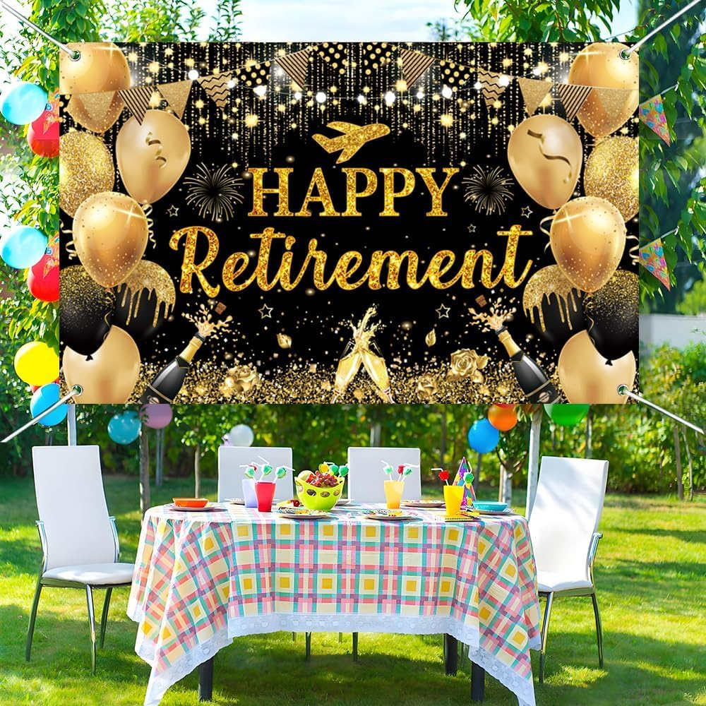 Black Gold Happy Retirement Banner Backdrop Kit with Sash,Funny Card Hanging Swirls Streamers,Cake Topper-1.5M X 0.9M Retirement Decorations Photography Party Supplies for Men Women image number 5