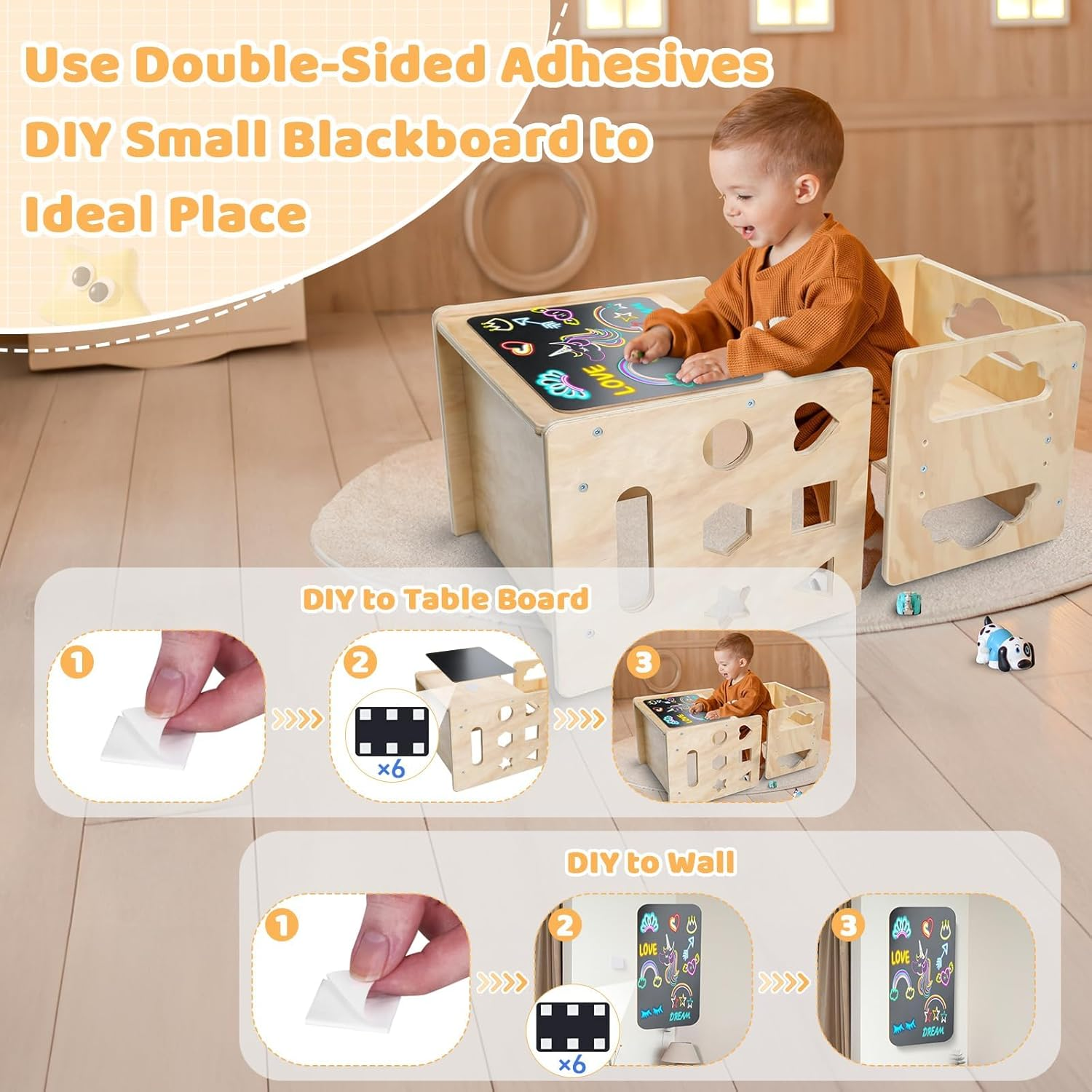 Kids Table and Chair Set Wooden Toddler Table and Chair Set Baby Activity Table with Blackboard Kids Activity Table Step Stools Kid Table Chair for Eating Drawing Reading image number 5