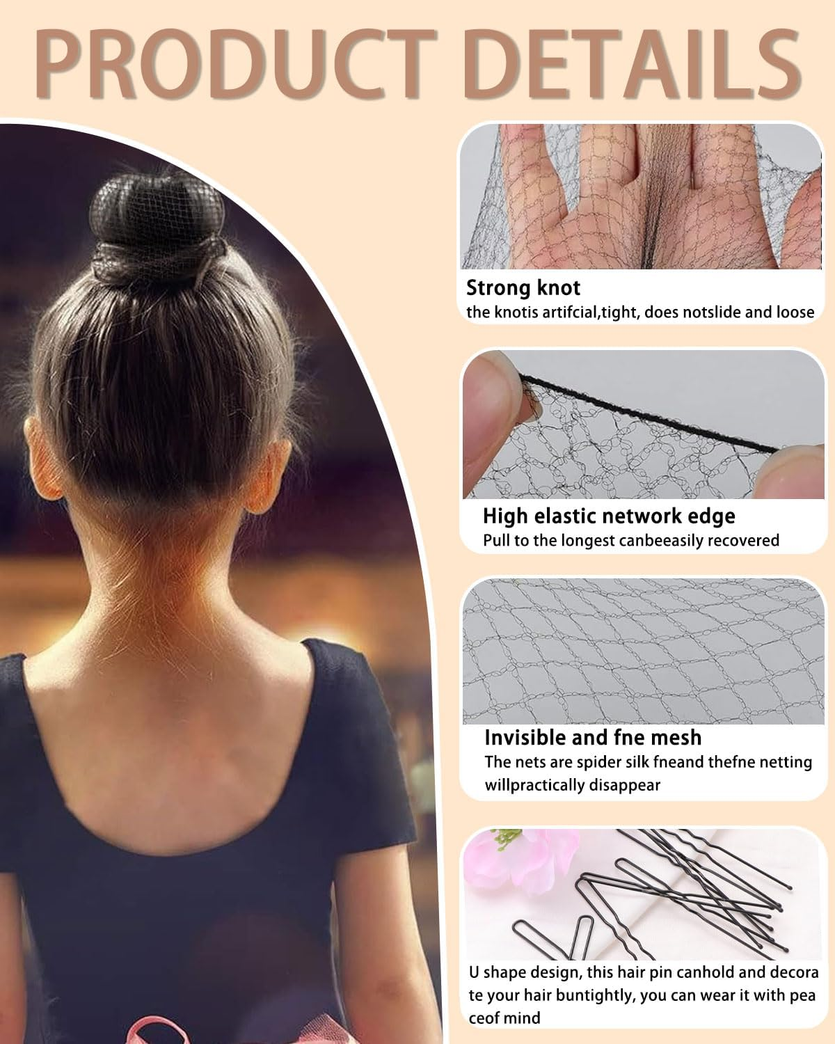MYGLOAR 50 Pieces Invisible Hair Net and Bun Reusable Fine Mesh Ballet Bun Hair Net Elastic Hair Net for Nurses Dancers Flight Attendants (Black)