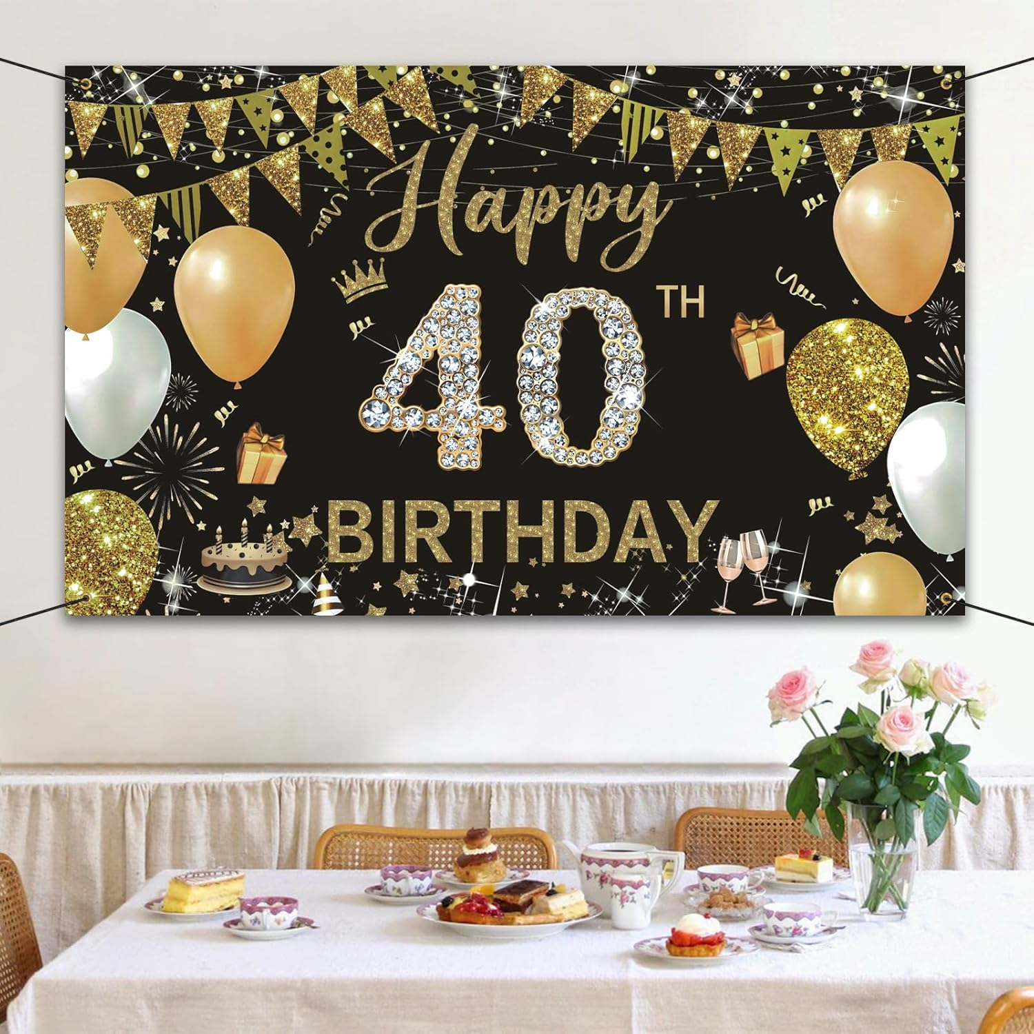 WVMNQO Happy Birthday Banner, 40Th Birthday Decorations Backdrop, Extra Large Black Gold Party Decorations, Perfect Birthday Party Supplies Photography Background for Men, and Women, 180X110Cm - 16Th image number 6