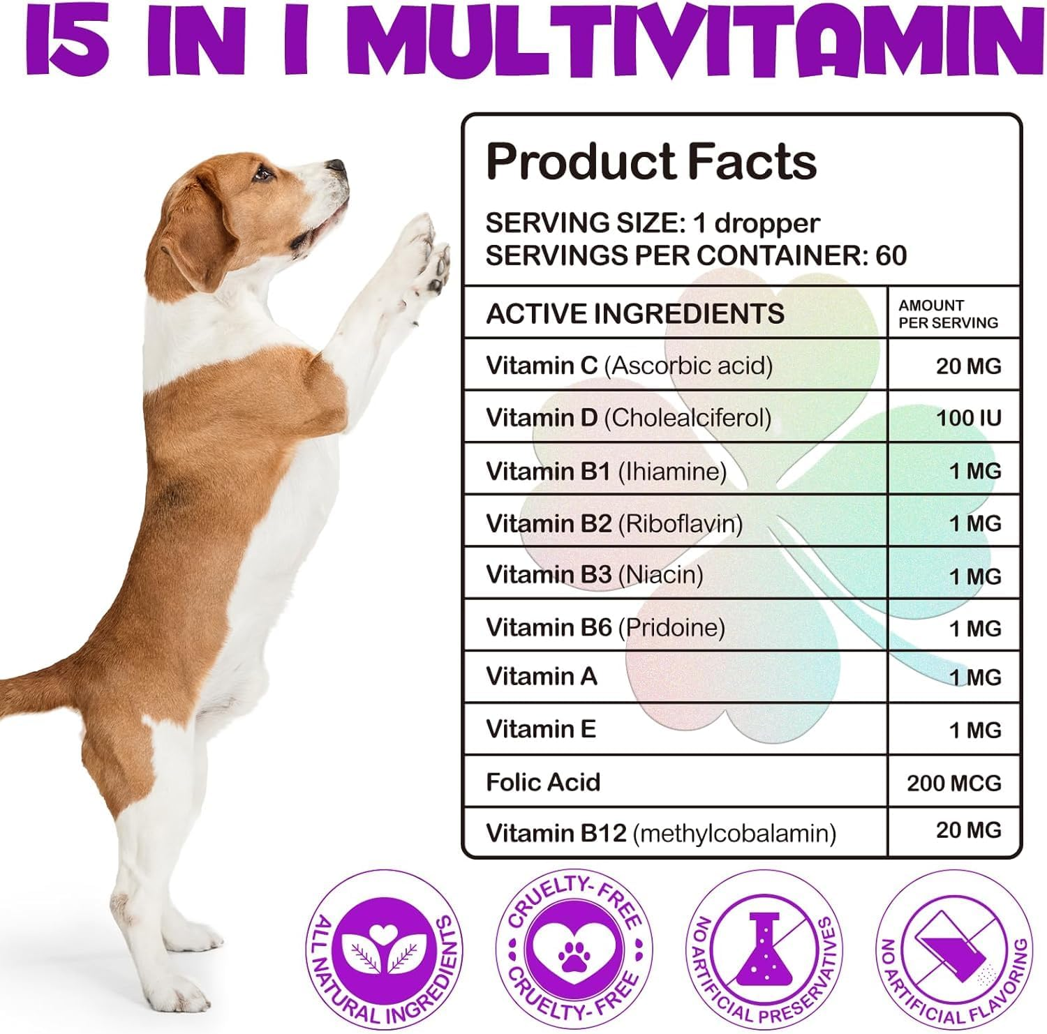 Dogs Natural Multivitamin - 15 in 1 Nutrition Vitamin Drops ● Supports Heart, Bones, Hip, Joint, Skin, Coat, Bladder, Digestive, Immune System ● Supplement with Bacon Flavor ● 60Ml image number 6