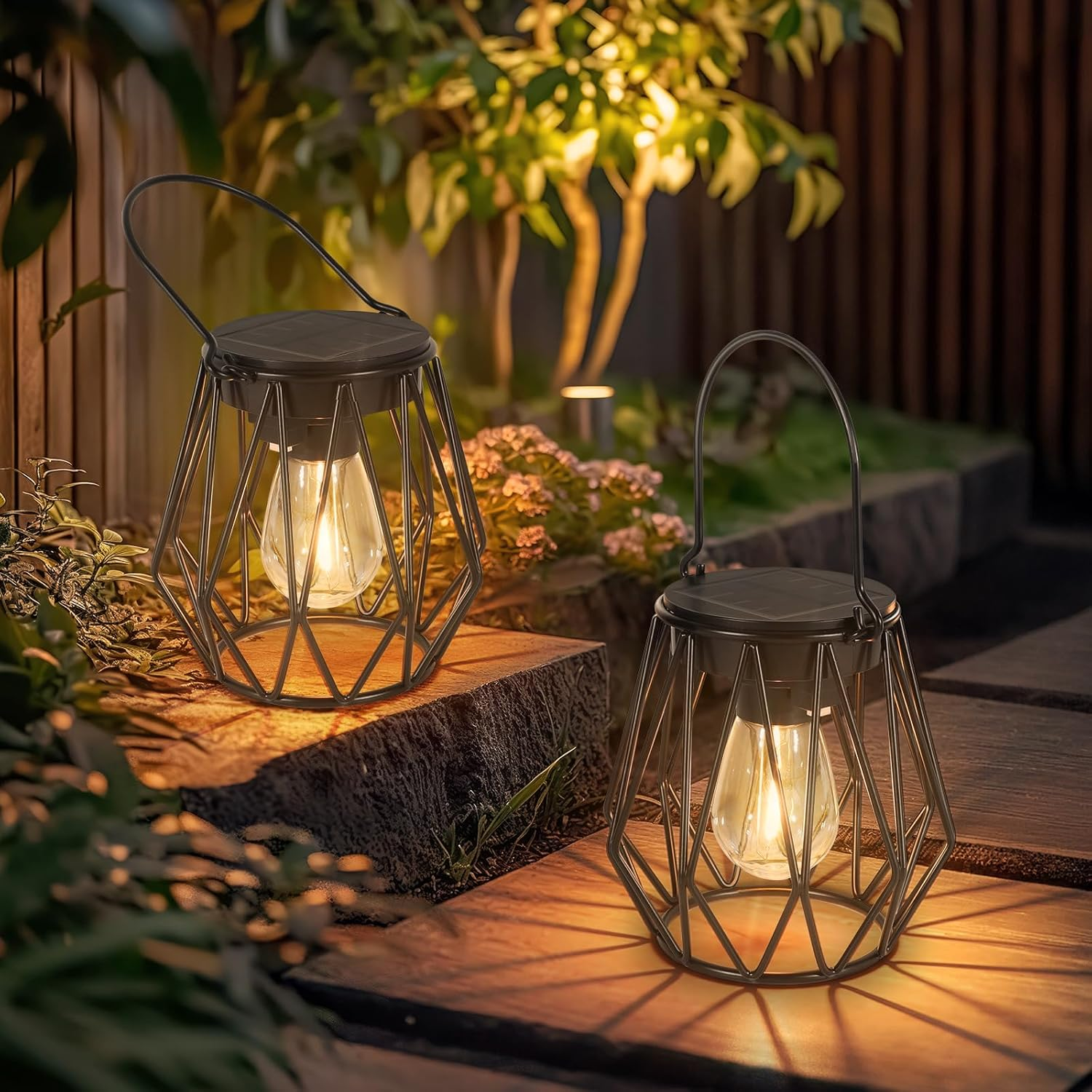 Solar Lights for Outdoor Hanging/Standing, Pack of 2 IP65 Waterproof Metal Solar Lantern, Retro LED Solar Lanterns, Diamond for Outdoors, Garden, Balcony, Outdoor, Patios, Warm White image number 3