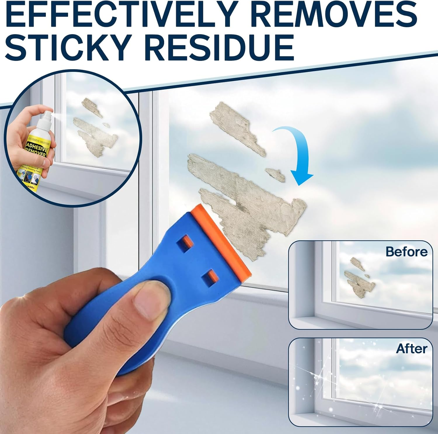 Sticker and Adhesive Remover Spray with Scraper, Multi-Surface Sticky Stuff Remover for Labels, Tape Residue, and Grease, Safe for Car, Glass, Plastic, and Wood, 120Ml