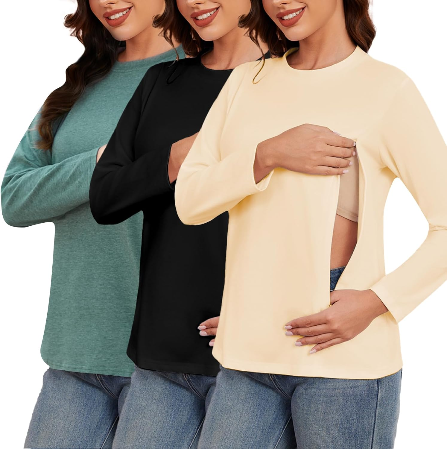 Love2Mi Pack of 3 Women'S Long-Sleeved Nursing Shirt with Hidden Zip Maternity Shirt Maternity Wear