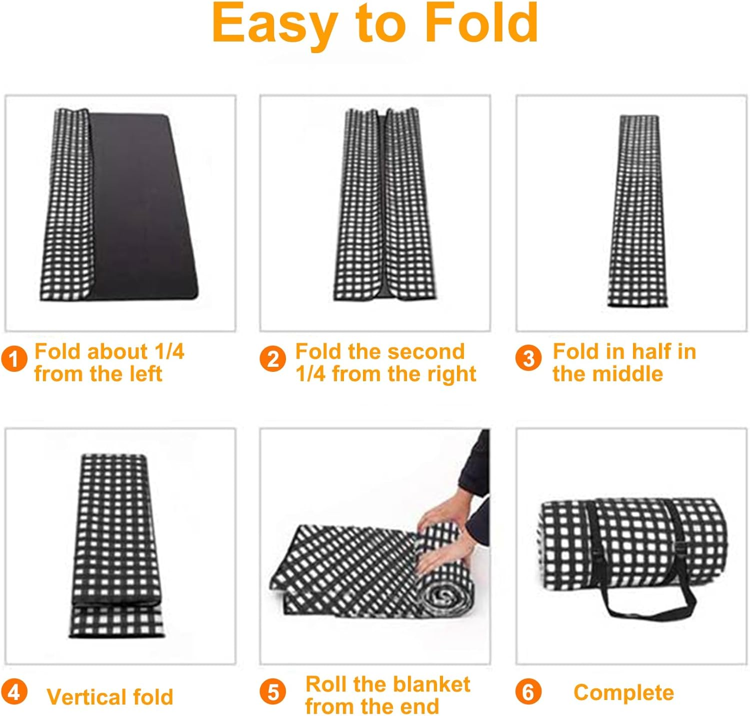 AUTENS 2M X 2M Extra Large Picnic Blanket Use as Outdoor Play Mat, 3-Layer Indoor Couch Throw for Warmth, Family Size, Camping Beach Waterproof Cashmere Rug (Black and White Grid image number 4