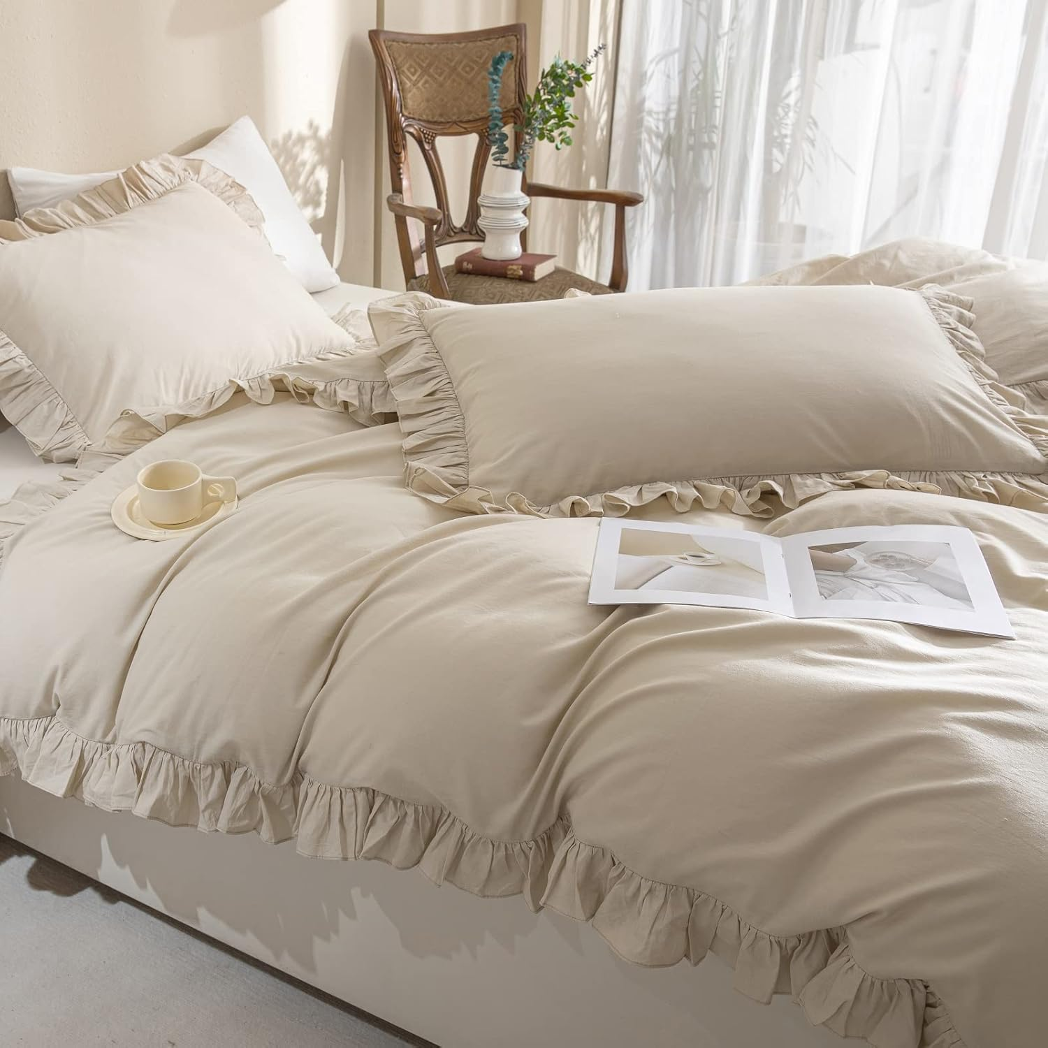 QSH 100% Cotton Queen Duvet Cover Set,Ruffle Duvet Cover Linen Feel Textured Farmhouse Shabby Vintage Chic Bedding Comforter Cover 3 Pieces Aesthetic French Country Queen Bed Set Soft Breathable image number 6