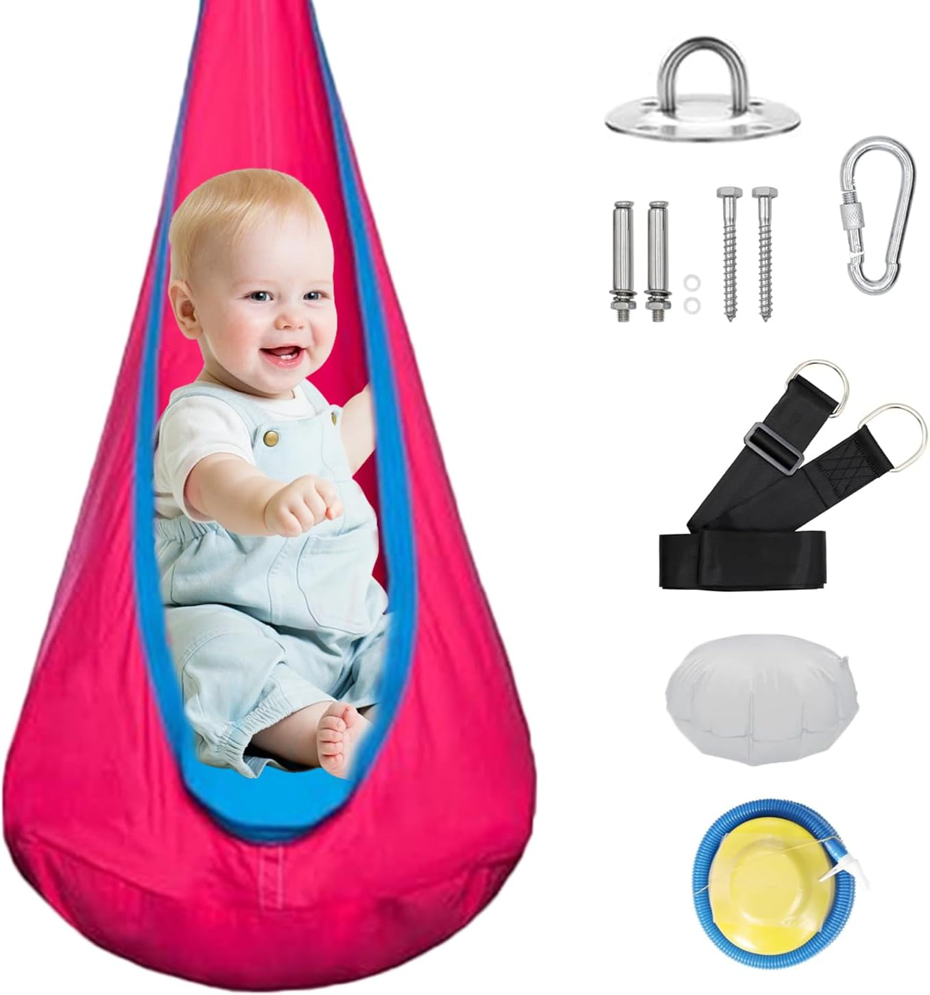 Uandhome Kids Pod Swing Seat, Hanging Pod Swing Chair with Inflatable Pillow, Sensory Swing Chair for Outdoor and Indoor,Cotton Child Swing Hammock Chair for Indoor and Outdoor Use (Blue)