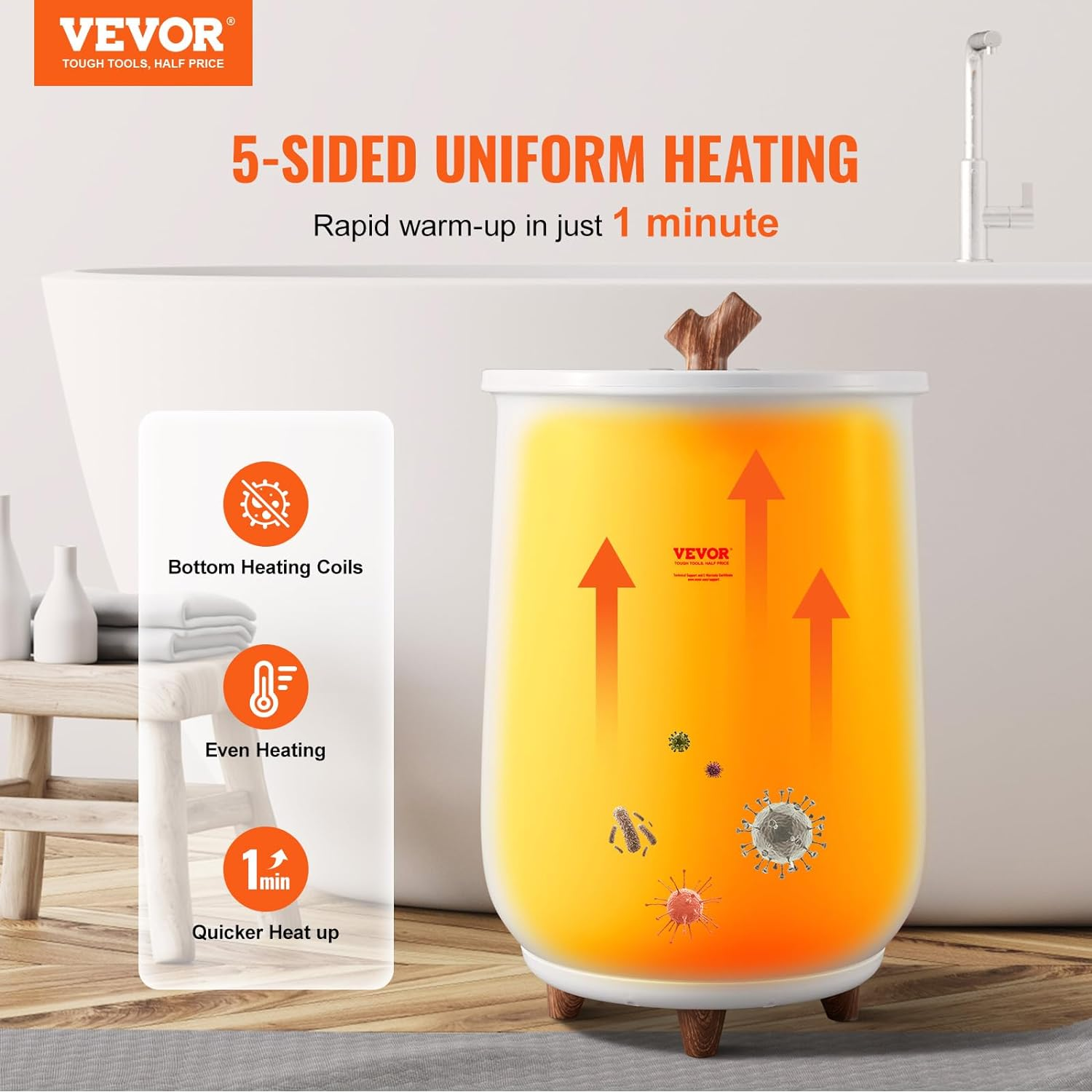 VEVOR Towel Warmer Bucket, 20L Large Towel Warmer for Bathroom, Auto Shut off Towel Heater with 4-Level Timer Fits up to Two 40"X70" Oversized Towels, Bathrobes, Blankets, ETL & FCC Certified image number 3