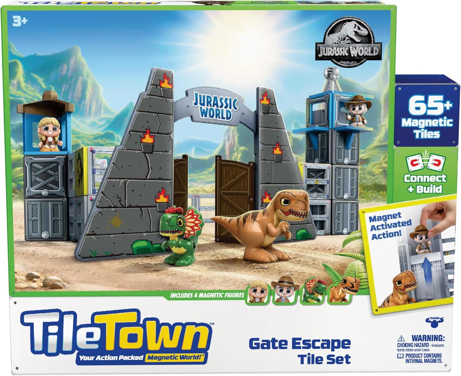 TILE TOWN Jurassic World Dino Escape Magnetic Tiles Construction Building Set and Figures, Kids 3-5+, New ACTION TILES for Action Play, Realistic Builds, STEM Creative Toy, Great Gift for Boys & Girls image number 1