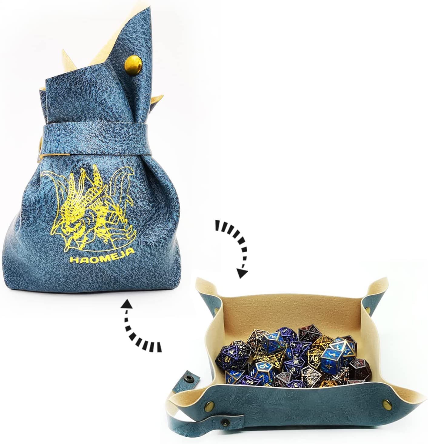 HAOMEJA DND Dice Tray & Bag with Button - Role Playing Dice Tray & Bag for Leather Dice, Jewelry, Coins & Small Accessories (Blue)