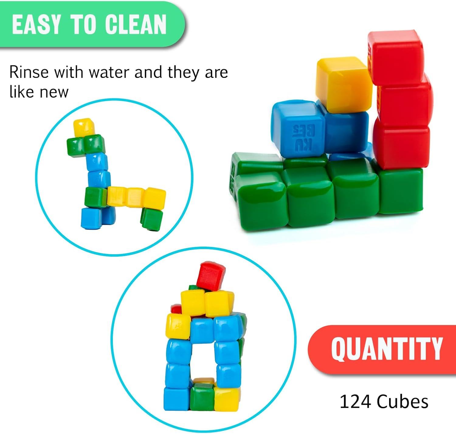 KOMARC GAMES Stickikubes - Mini Stacking Cubes That Stick to Anything - 125 Cubes in 4 Colors - Plastic Tub - Non Toxic Kid Safe image number 2