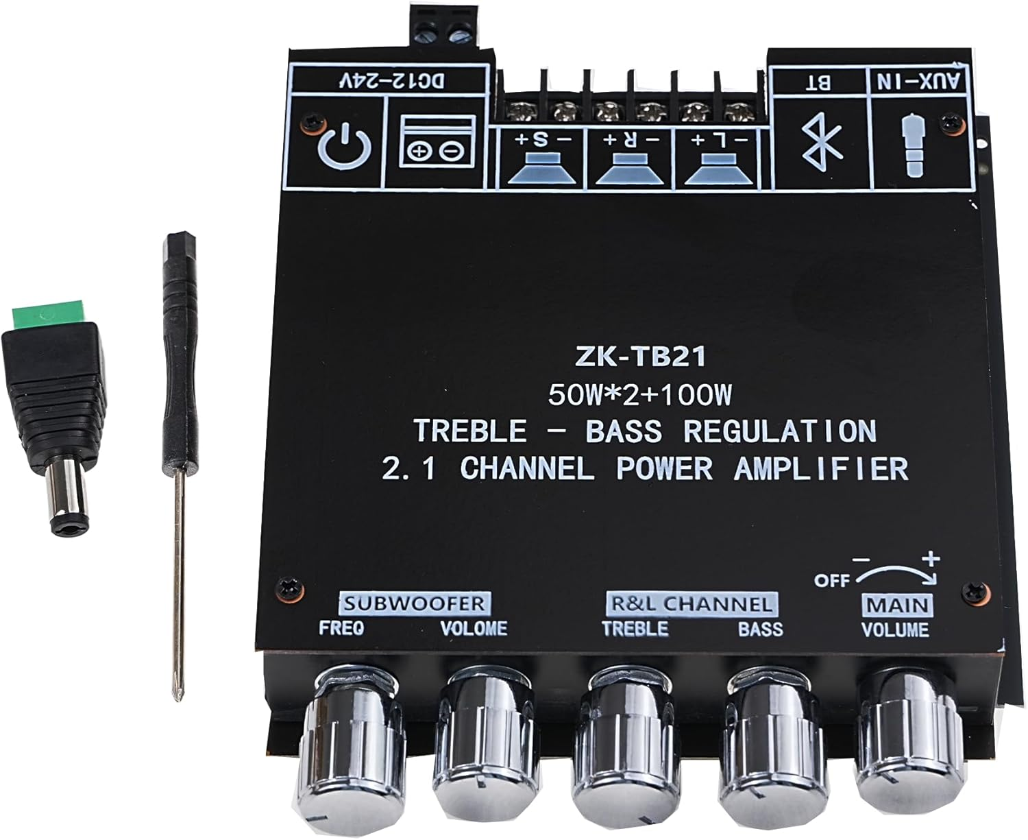 Bluetooth Audio Amplifier Board, ZK-TB21 2.1CH 50W X 2 +100W Subwoofer Power Amp with Treble and Bass Control, Bluetooth5.0 and AUX Inputs, Stereo Digital AMP for DIY Home Speakers (ZK-TB21)