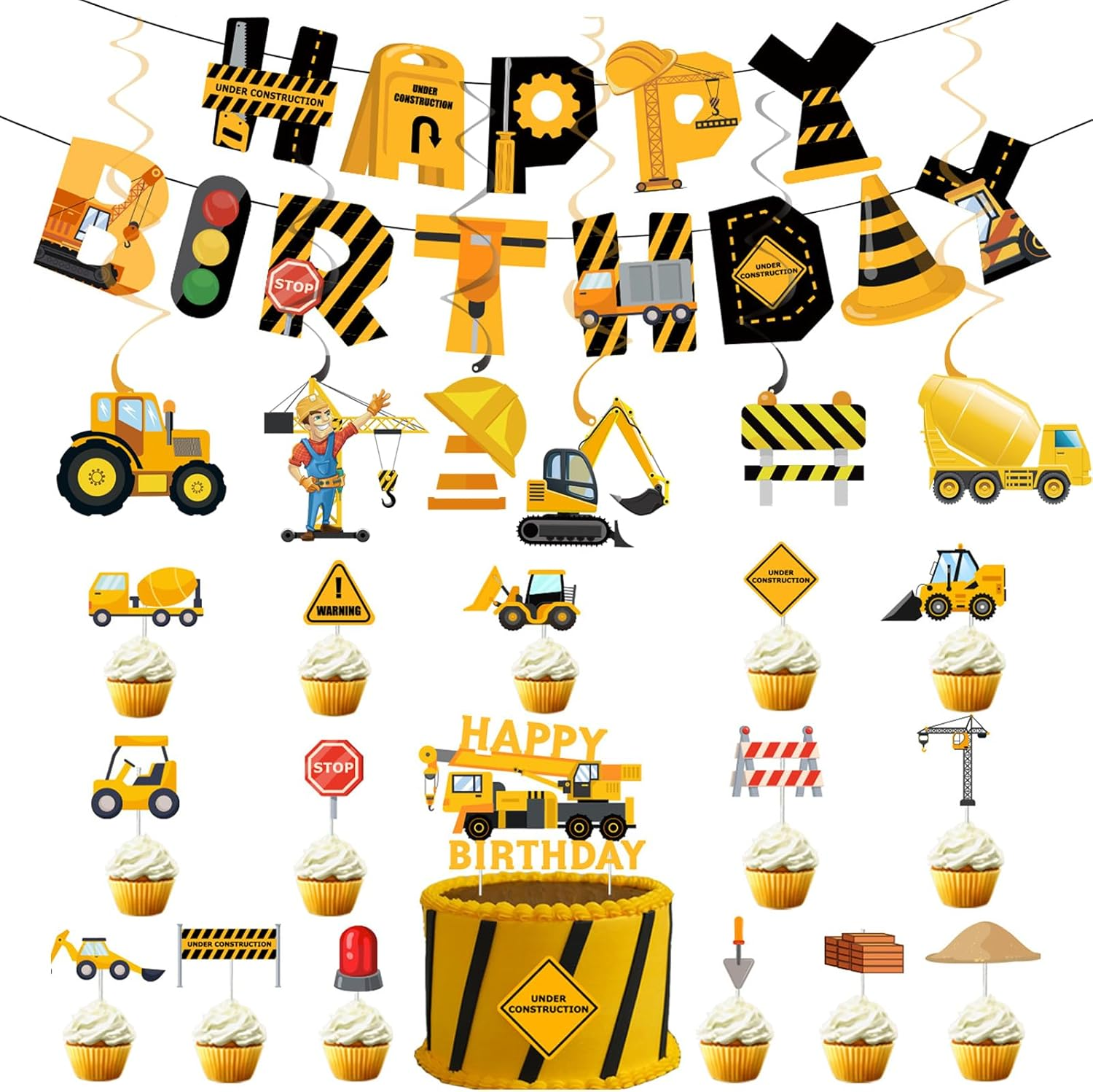 Construction Birthday Party Decorations Construction Happy Birthday Banner Vehicle Truck Cake Topper Hanging Swirls Ceiling Streamers Decor for Construction Birthday Party Supplies image number 3