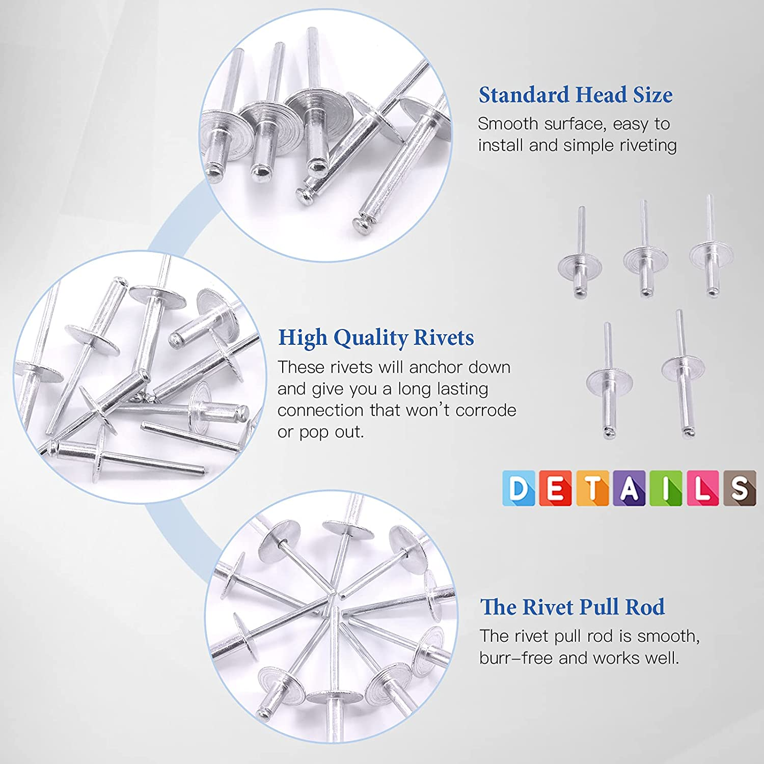 Glarks 240Pcs 3/16" X 3/8'' / 1/2'' / 5/8'' / 3/4'' / 1'' Large Flange Blind Rivets 5 Szie Aluminum Pop Rivets Assortment Set image number 5