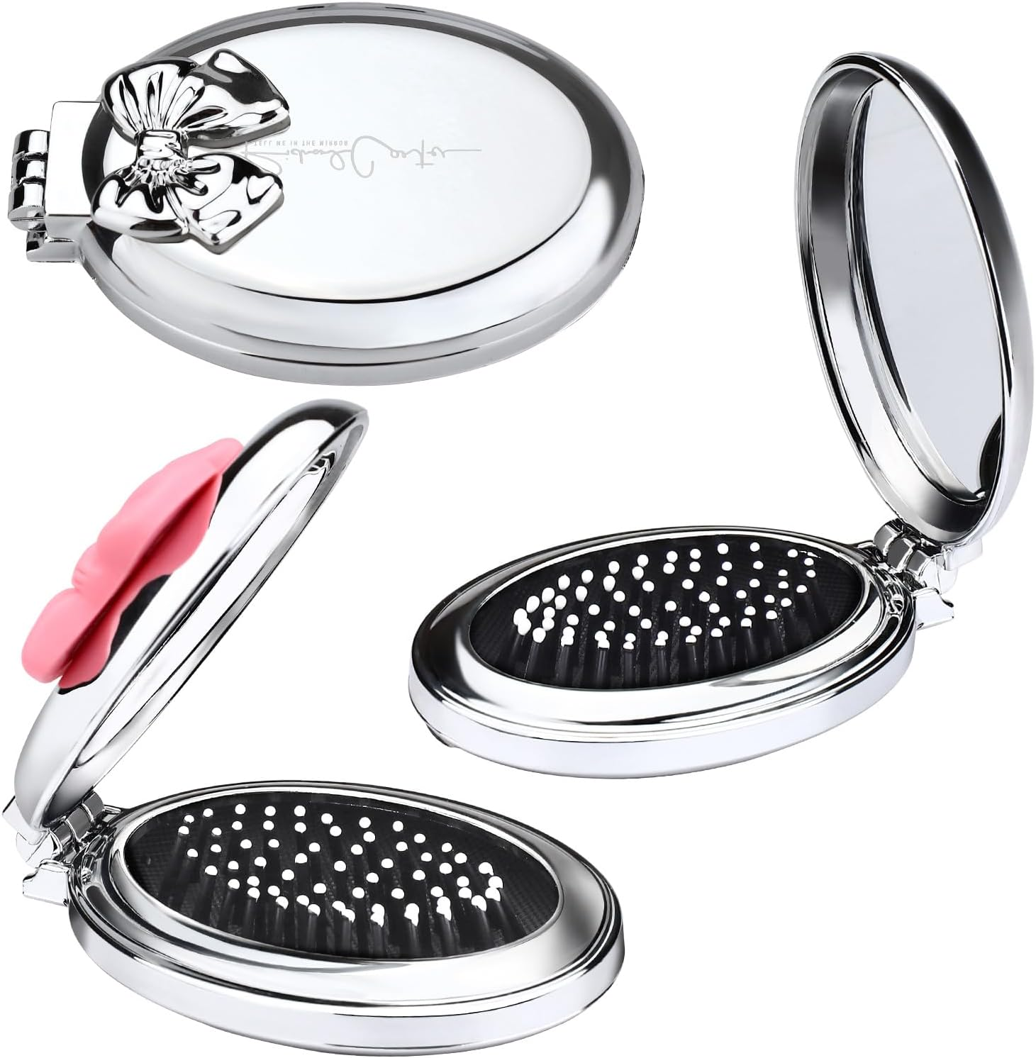 Yitexin 3 Pack Travel Size Folding Hair Brush with Pocket Mirror, Foldable Small Hairbrush for Women Men, Compact Paddle Brush Air Cushion Comb for Detangling Massage (Bowknot, 2 Colors) image number 2