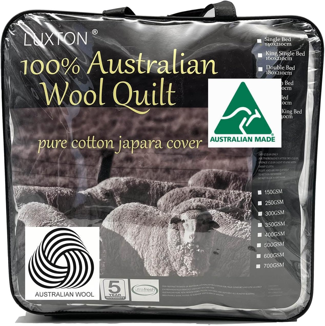 Luxton Australian Made All Season Wool Quilt King Size 500GSM 100% Wool Filling 100% Cotton Japara Quilt Doona Made in Australia (King Size) image number 6