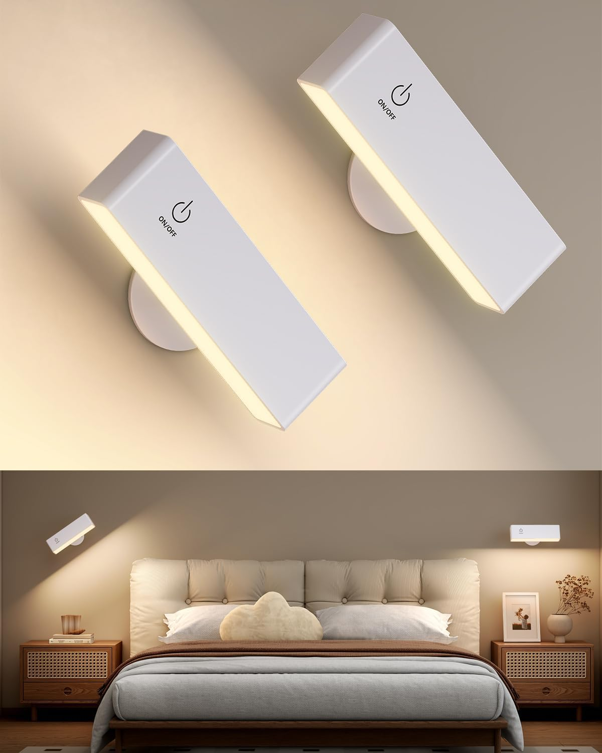 Detarzinled 2Pcs Rechargeable Wall Lights for Bedroom, Wireless Battery Operated Wall Sconces Set of 2, White 360&deg; Rotate Magnetic Wall Mounted Lamp for Bedside, Picture, Vanity