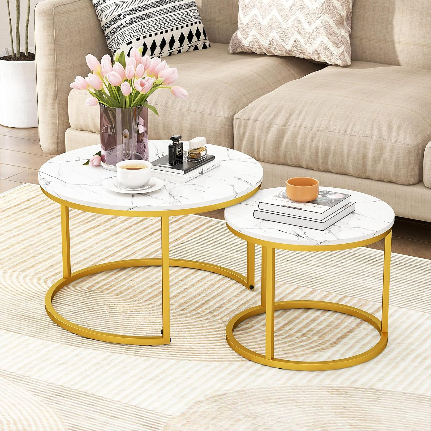 Round Coffee Table, Modern Marble Effect Nesting Table Set of 2 with Metal Frame for Living Room Balcony and Small Space