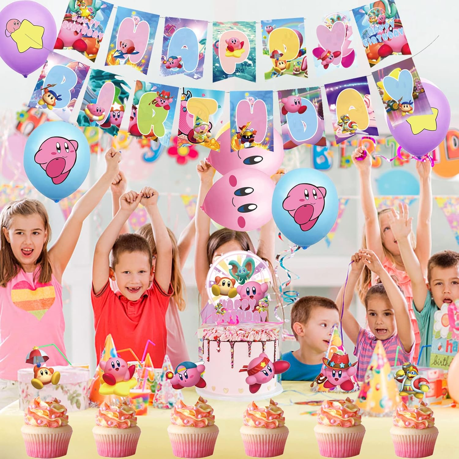 Kirby Children'S Birthday Decoration Pack: Kirby Balloons, Cake Toppers, Garland in Pink image number 5