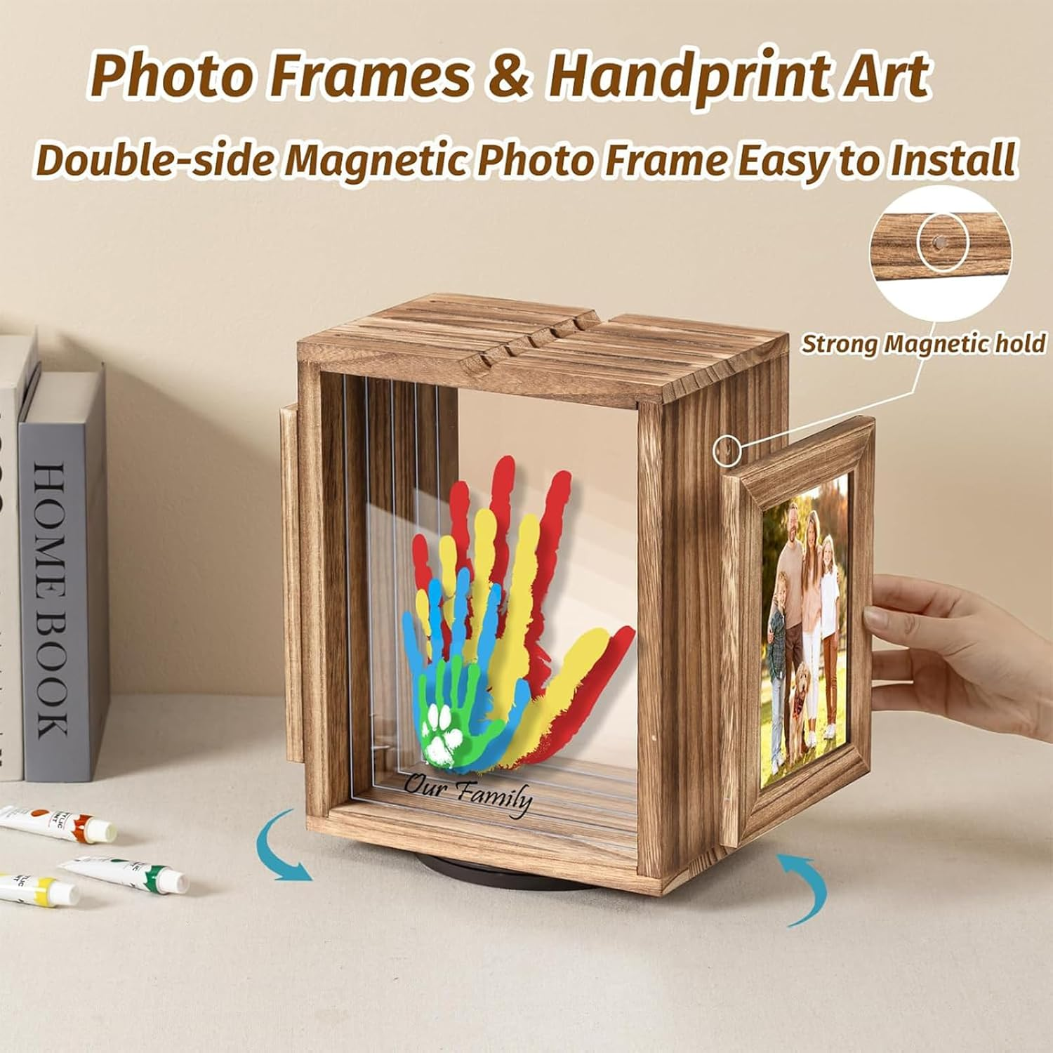 360 Rotating Family Handprint Kit, DIY Craft Keepsake for Baby Footprint Kit, Wooden Frame with 5 Paints Colors & Transparent Sheets, Gifts for Handprint Family Keepsake（Brown） image number 5