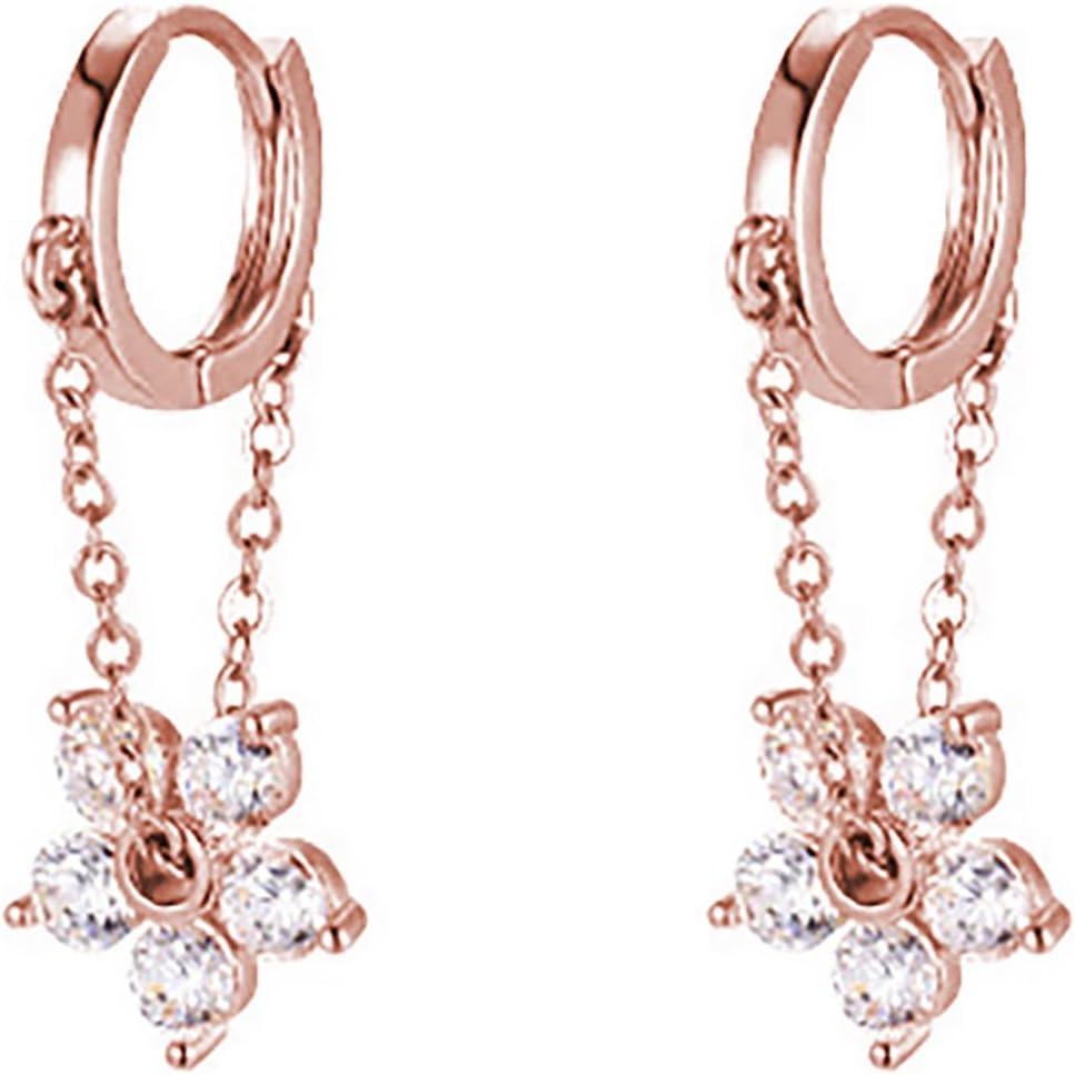 Reffeer Solid 925 Sterling Silver Flower Chain Drop Earrings Hoop for Women Teens Huggie Hoop Dangle Earrings Chain