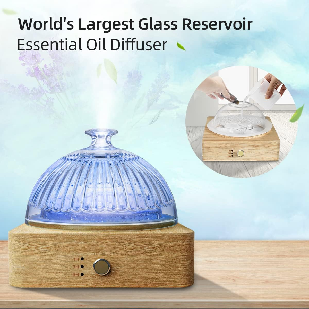 SOICARE Crystal Glass Essential Oil Diffuser, 200Ml Glass Reservoir Diffuser for Essential Oils with Wood Base, Plastic-Free Aroma Diffuser for Home Office Yoga Pilates Gift (7 Color Changing Lights) image number 4