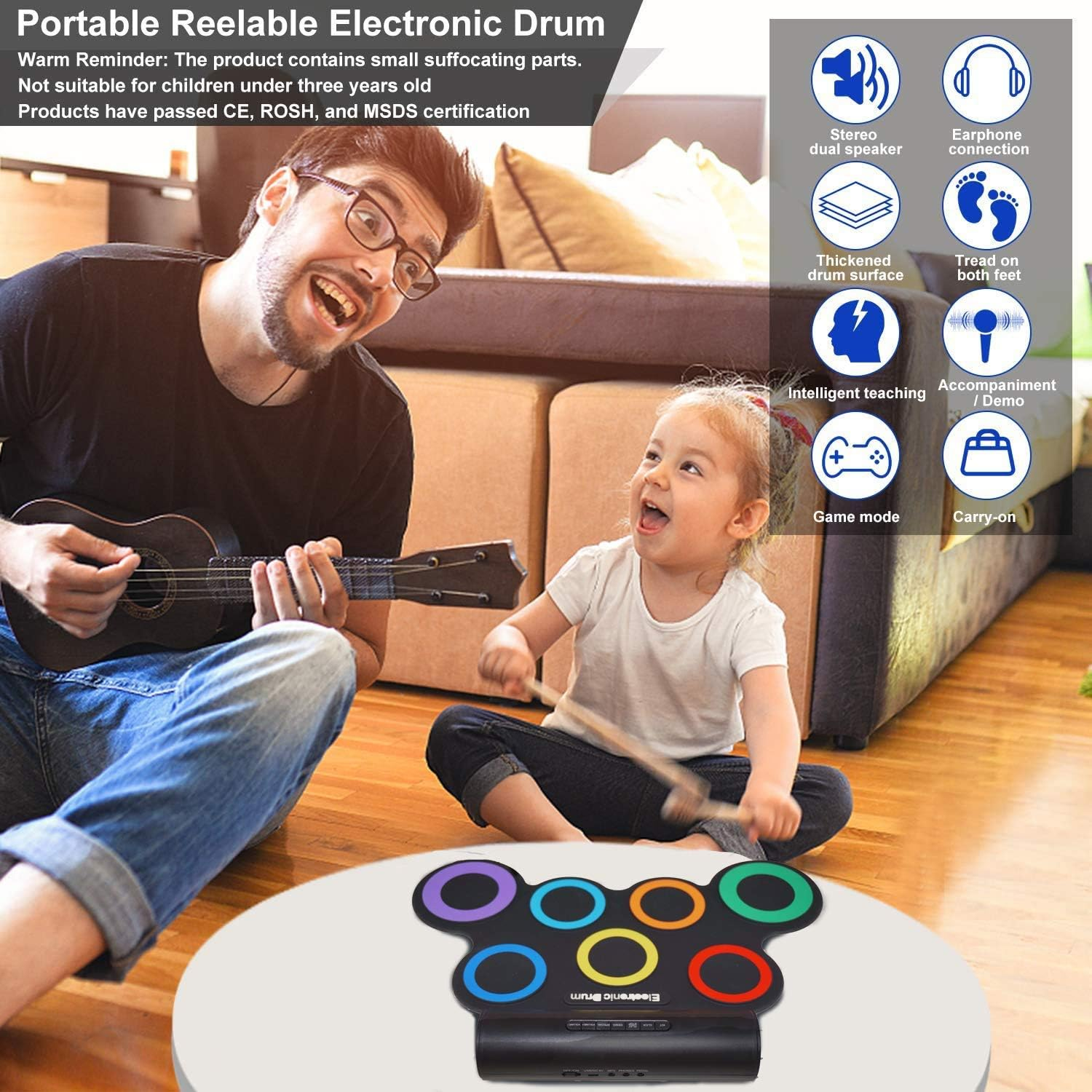 Electronic Drum Set, 7 Practice Drum Pads,Roll-Up Rechargeable Drum Set with Pedals,Sticks,Built-In Speaker/Headphone Jack, Rainbow Color