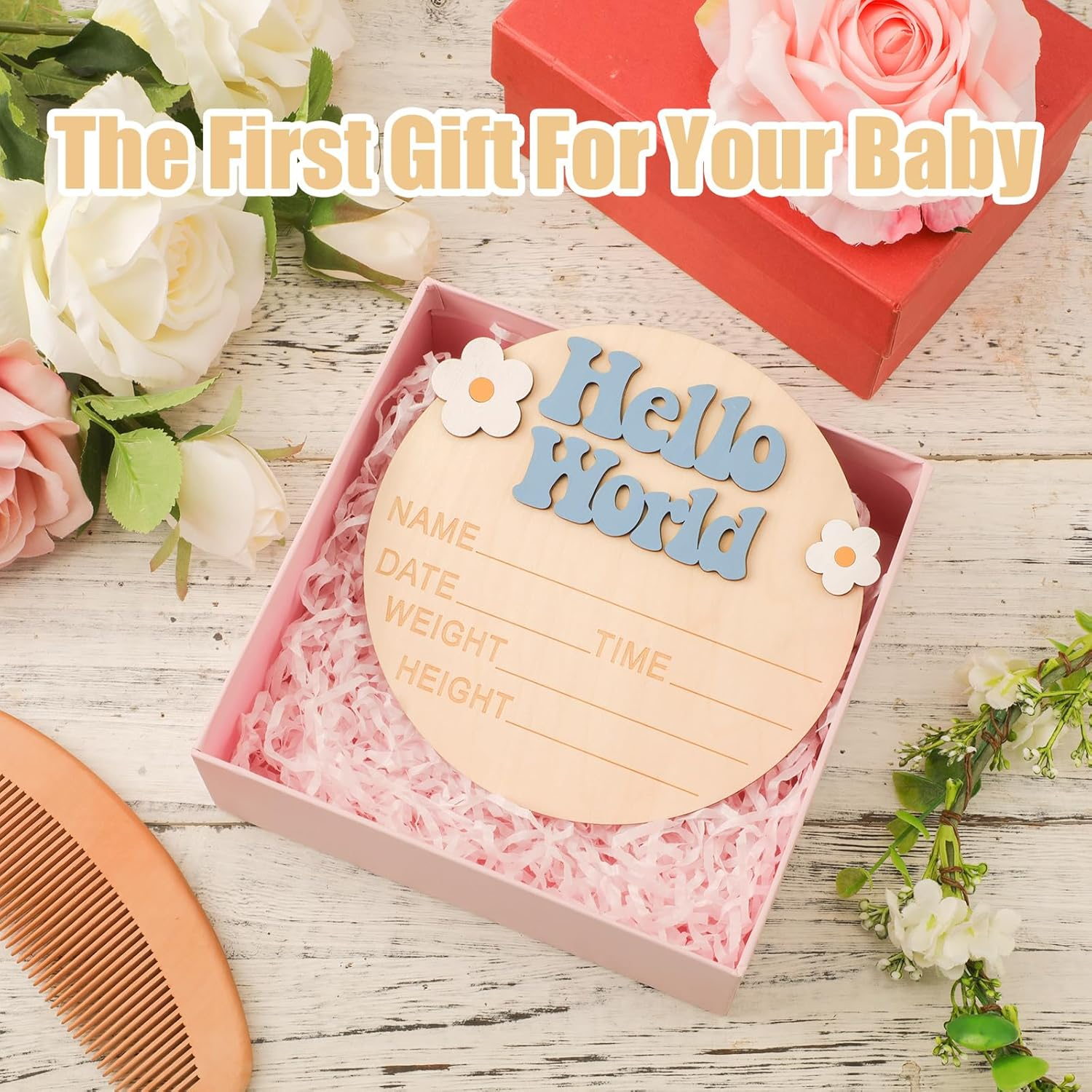 Wooden Baby Announcement Sign, 5.91 Inch Cute Hello World Newborn Sign with Flower Decor, New Baby Plaque Birth Announcement Sign for Hospital New Parents Baby Shower image number 6