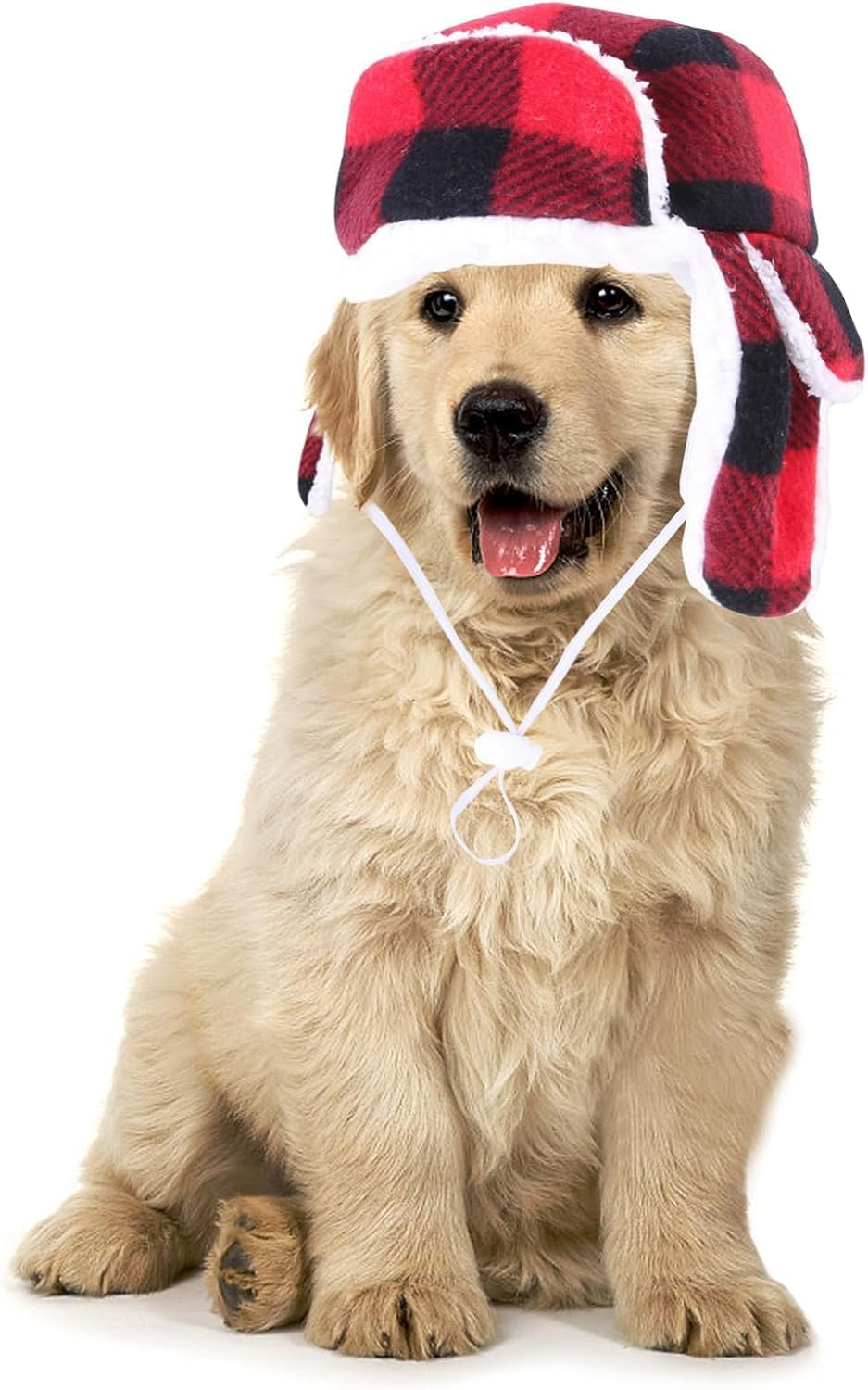 Christmas Dog Hat with Earmuffs,Warm Winter Dog Hat with Adjustable Elastic Band,Red Plaid Pet Cap,Pet Ears Warm,Snood Head Wrap,Xmas Dog Headwear,Christmas Dress up Costume Hat (Red, One Size) image number 2