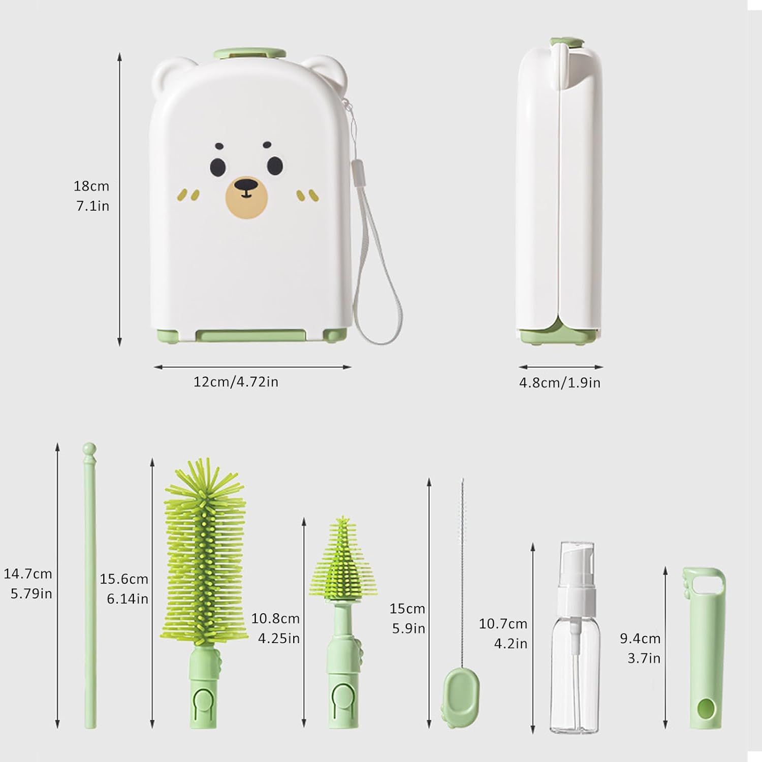 Baby Bottle Brush Set, TOTCOZY Portable Bottle Cleaner Kit with Drying Rack, Bottle Brush, Nipple Brush, Straw Brush, Soap Dispenserr, Baby Travel Essentials