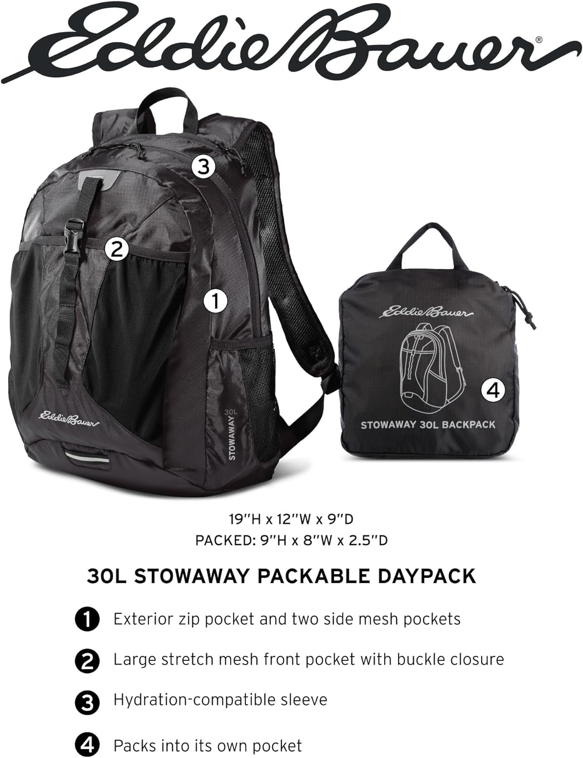 Eddie Bauer Stowaway Packable Backpack 30L W/ 2 Mesh Side Pockets and Water Resistant image number 5