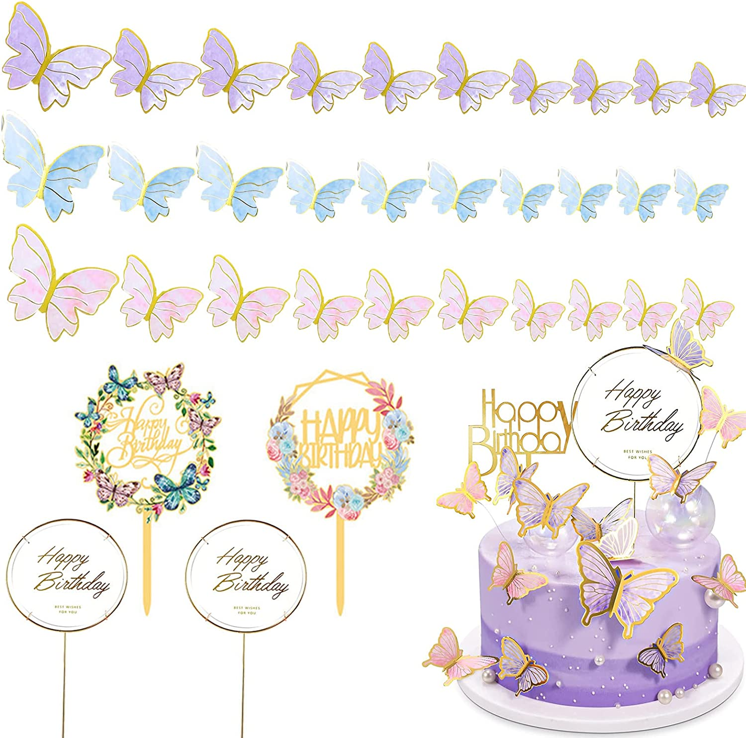 34Pcs Happy Birthday Cake Toppers,Cake Toppers,Cake Decorations with Happy Birthday and 3D Butterfly Cake Toppers,Suitable for Wedding Cake Topper(Butterfly Shape Random) image number 6