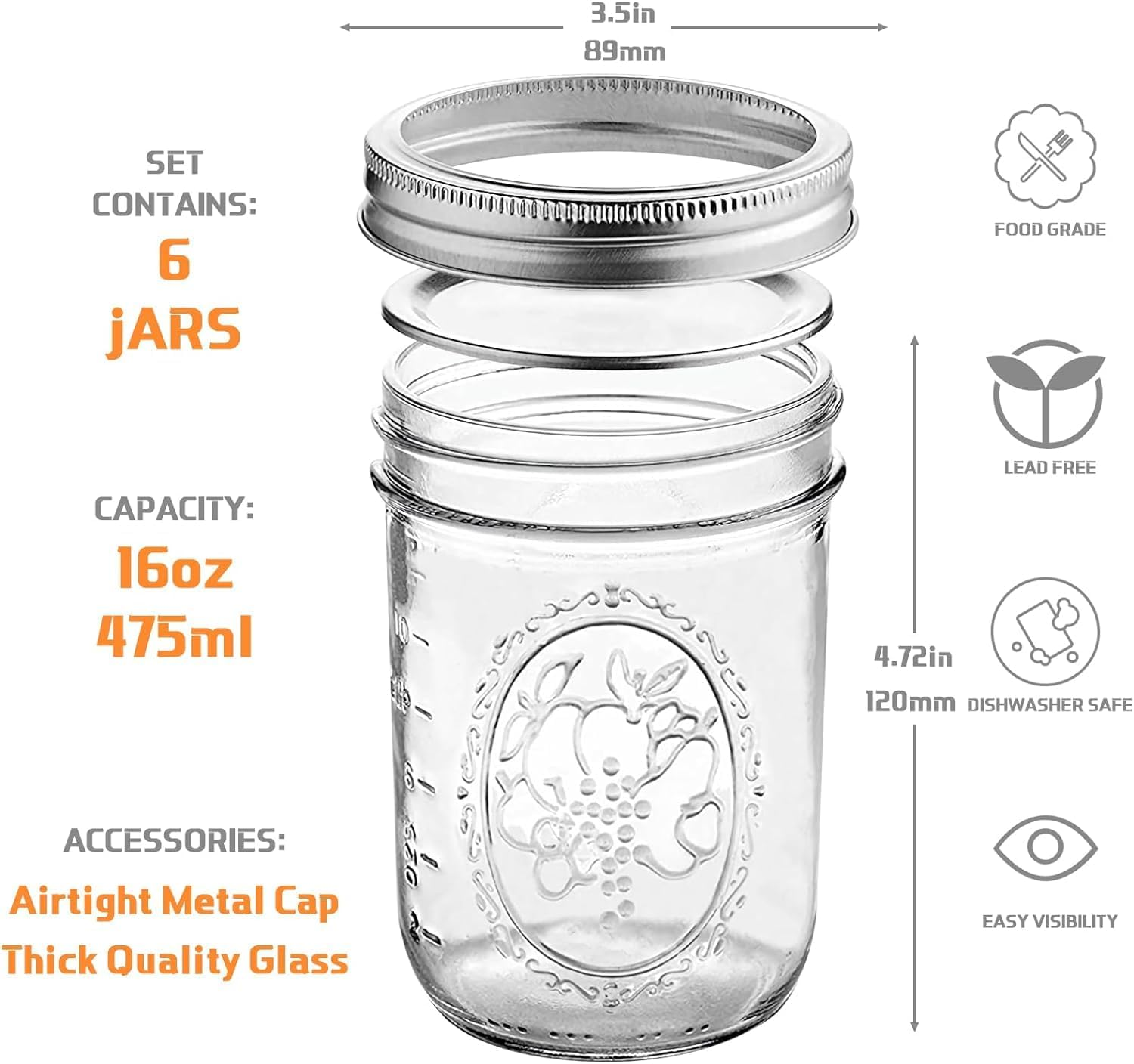 Wide Mouth Mason Jars 16 Oz, 6 Pack Glass Mason Canning Jars with Metal Airtight Lids and Bands Containers for Fruit Storage, Overnight Oats, Meal Prep, Pickling, Preserving, Yogurt, Snack, Home Decor