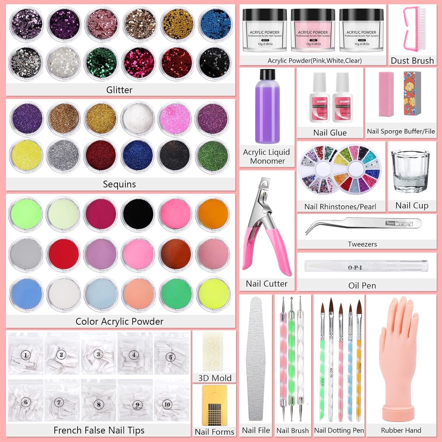 Professional Acrylic Nail Kit - Practice Hand Set with Powder, Brush, DIY Starter Kit for Beginners with Tips, Glue, and Glitter image number 2