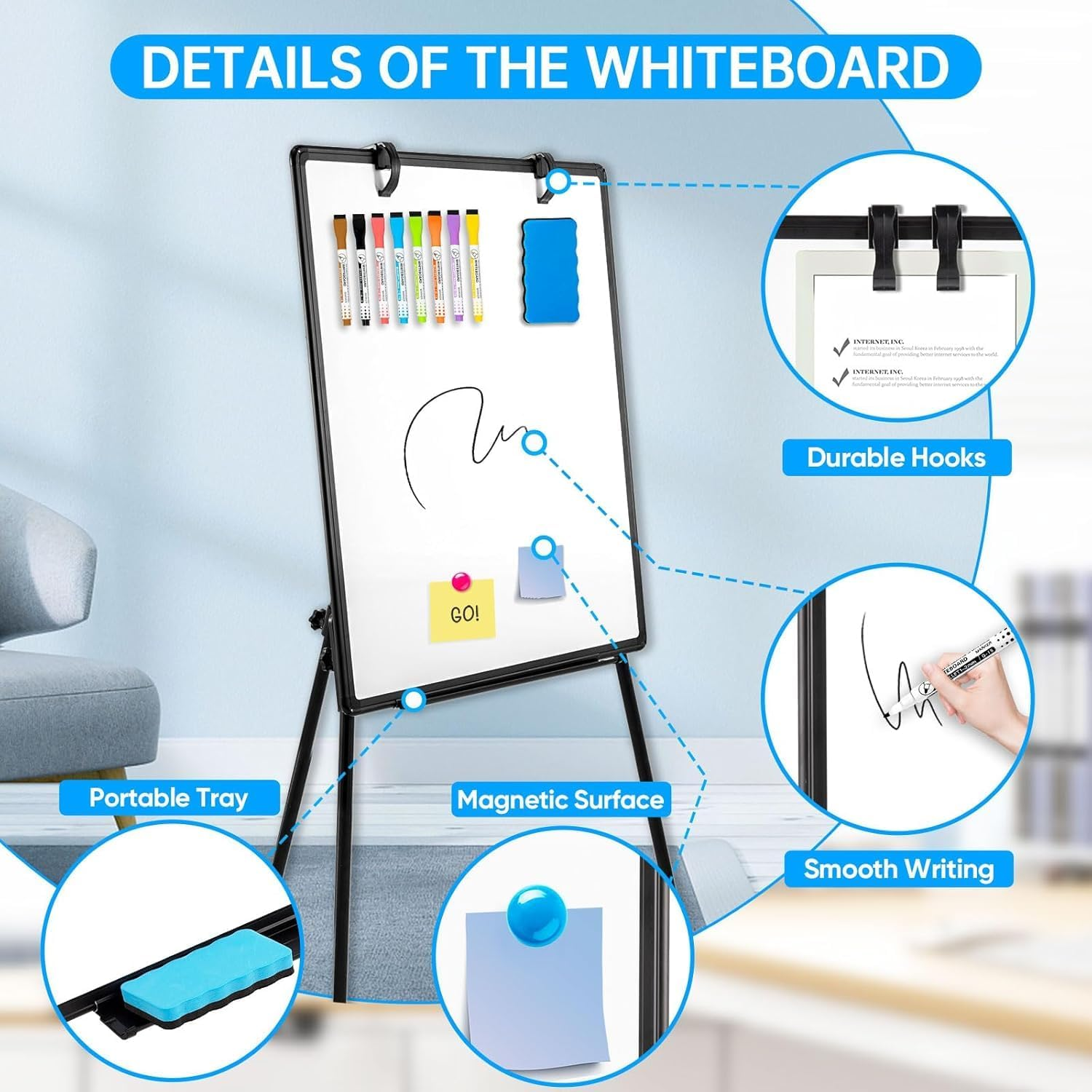 Homodoskey White Board with Stands 36" X 24" Whiteboard Easel Standing Magnetic Dry Erase Board Portable Tripod Height Adjustable Easel for Office School Home 8 Markers 8 Magnets 1 Eraser (Black) image number 4