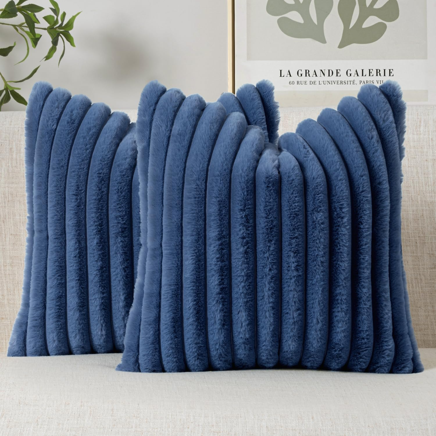 Faux Fur Throw Pillow Covers &ndash; Set of 2 Plush 18X18 Inch Cushion Covers Ultra-Soft Navy Blue Decorative Pillows for Sofa, Bed & Modern Spring Home Decor Navy Blue image number 3