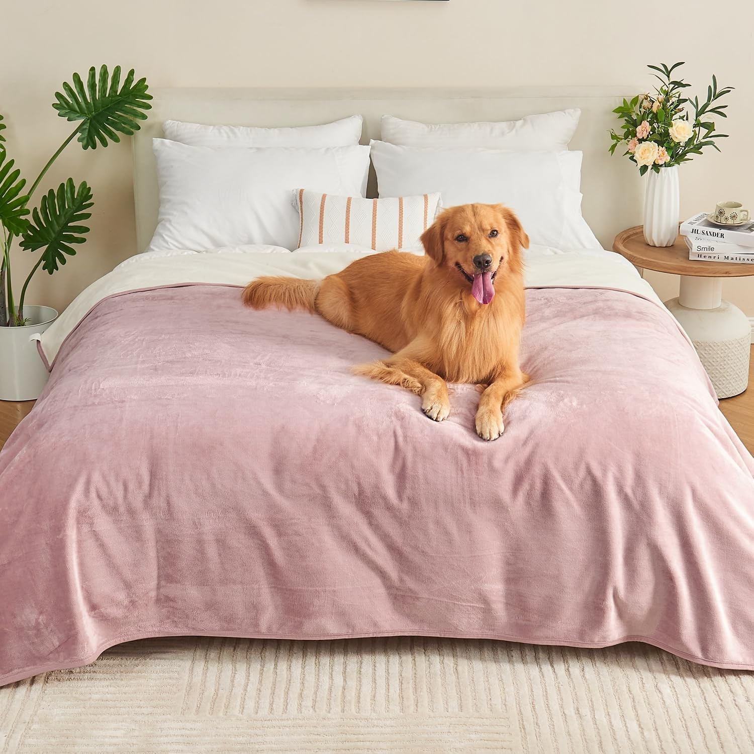 Yaning Waterproof Blanket 80"X90" for Adults, Reversible Waterproof Bed Cover for Dogs Cats Pets, Soft Leakproof Blanket for Bed Couch Sofa Furniture Protector, Dusty Pink/Off White