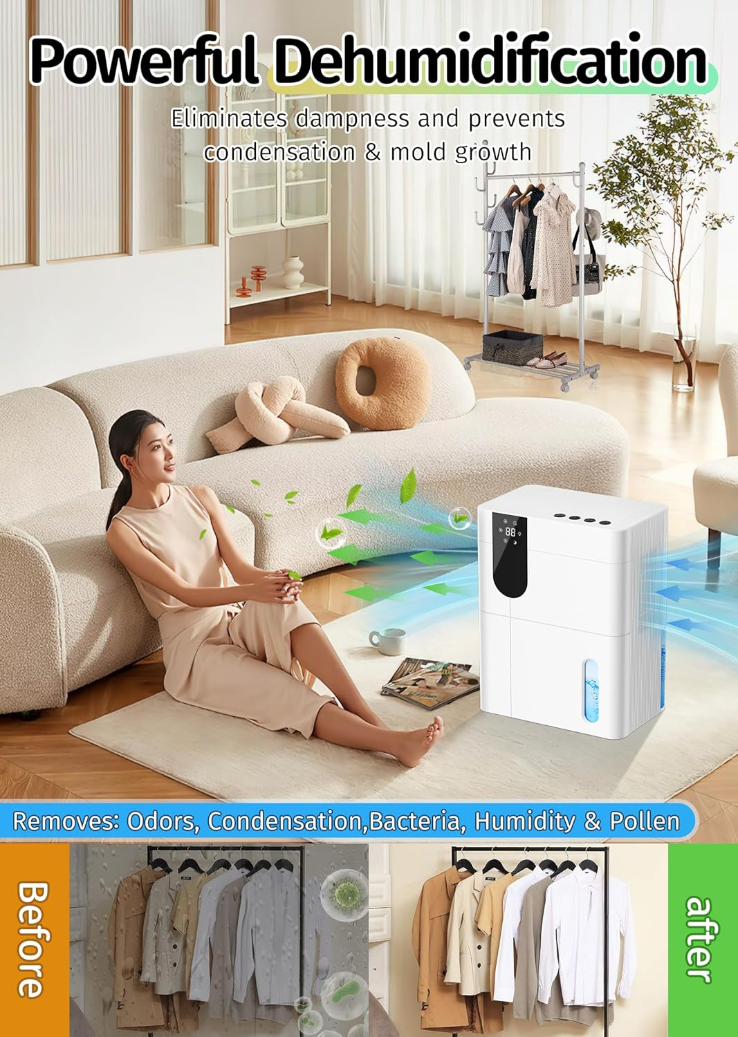 Dehumidifier, 152 OZ Dehumidifiers for Home, (900 Sq.Ft) Quiet Dehumidifier for Basement with Large Water Tank, Dehumidifiers for Bathroom Bedroom RV Closet with Auto Shut off and Night Light (01) image number 5