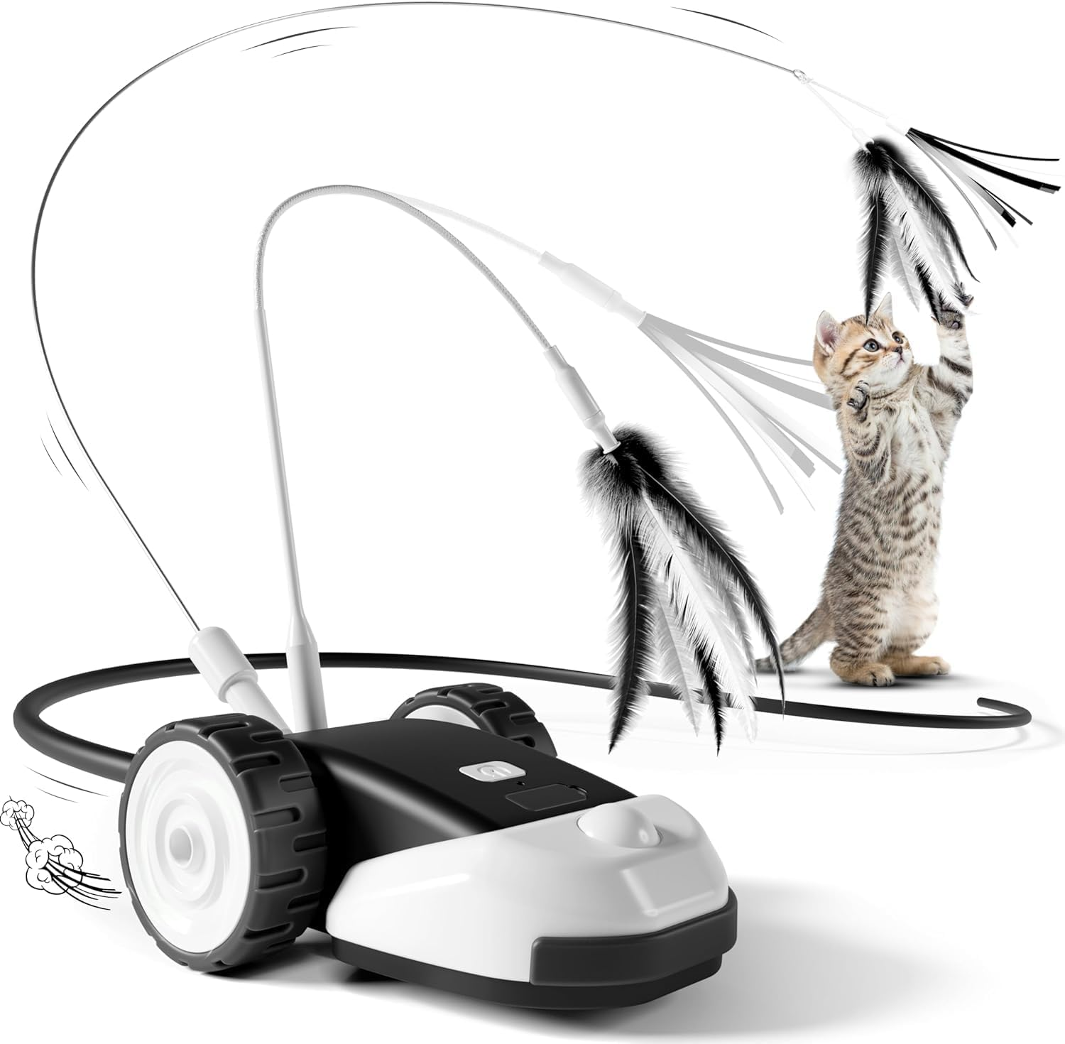Casfuy 3-In-1 Interactive Cat Toy - 2-Speed Cat Toy Electric Self-Employment with 2 Pieces Hanging Feather Cord Band and Wiggly Silicone Mice Tail for Indoor Cats