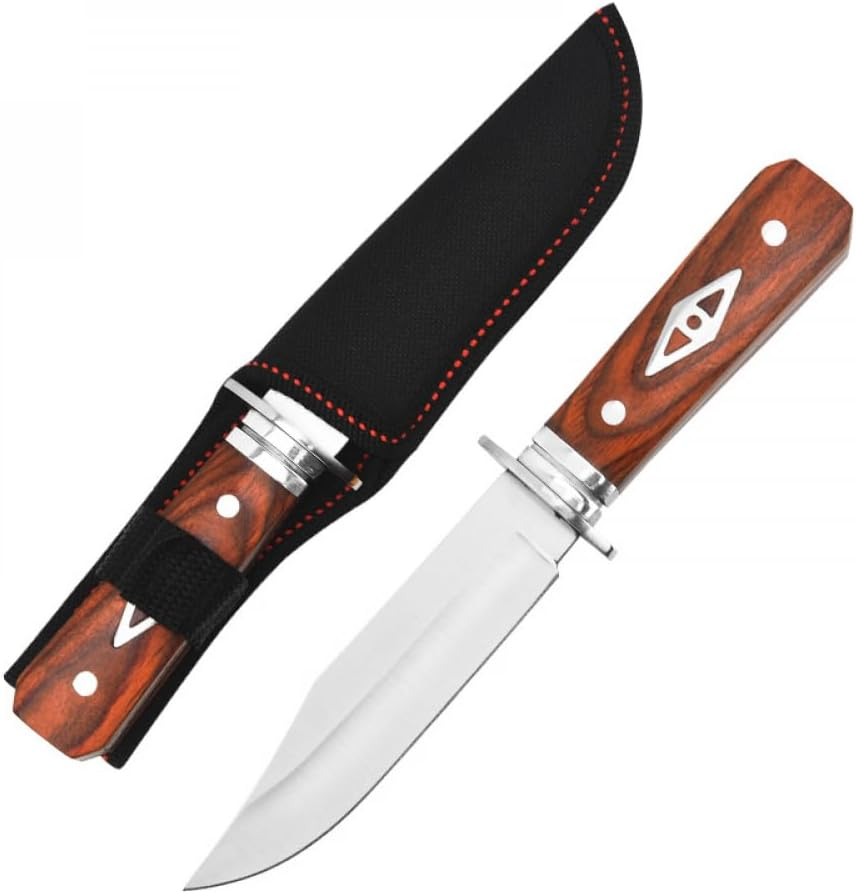 8" Fixed Blade Knife - Satin Finish Stainless Steel Blade, Brown Wood Handle with Stainless Steel Bolster, Includes Nylon Sheath - EDC, Survival, Bushcraft, Skinning and Camping Knife image number 5