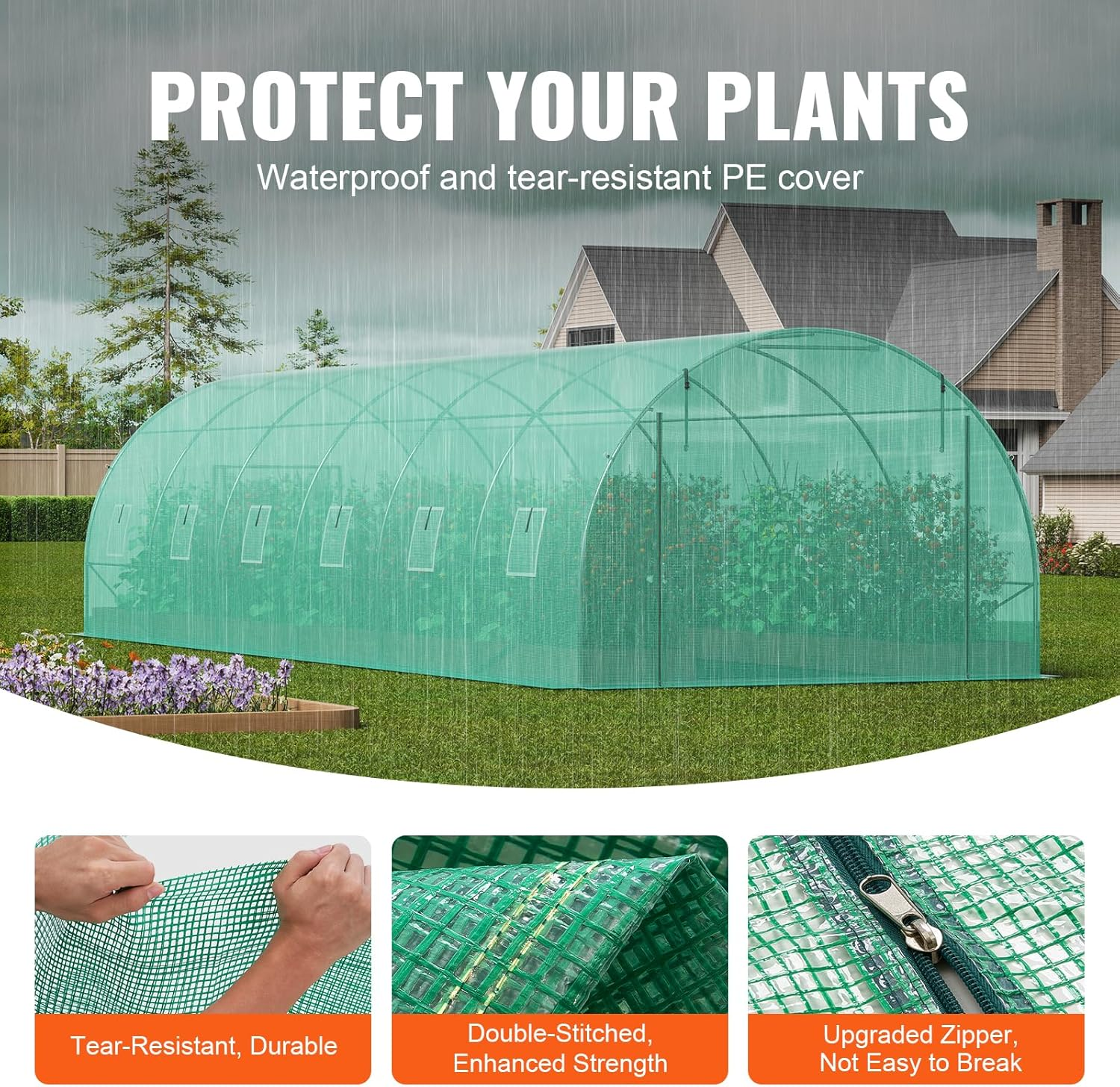 VEVOR Walk-In Tunnel Greenhouse, 29.2X9.7X6.5 Ft Hoop House Greenhouse Tunnel, Plant Hot House with Galvanized Steel Frame, Green PE Cover, Roll-Up Zipper Door and 12 Windows for Outdoor image number 2