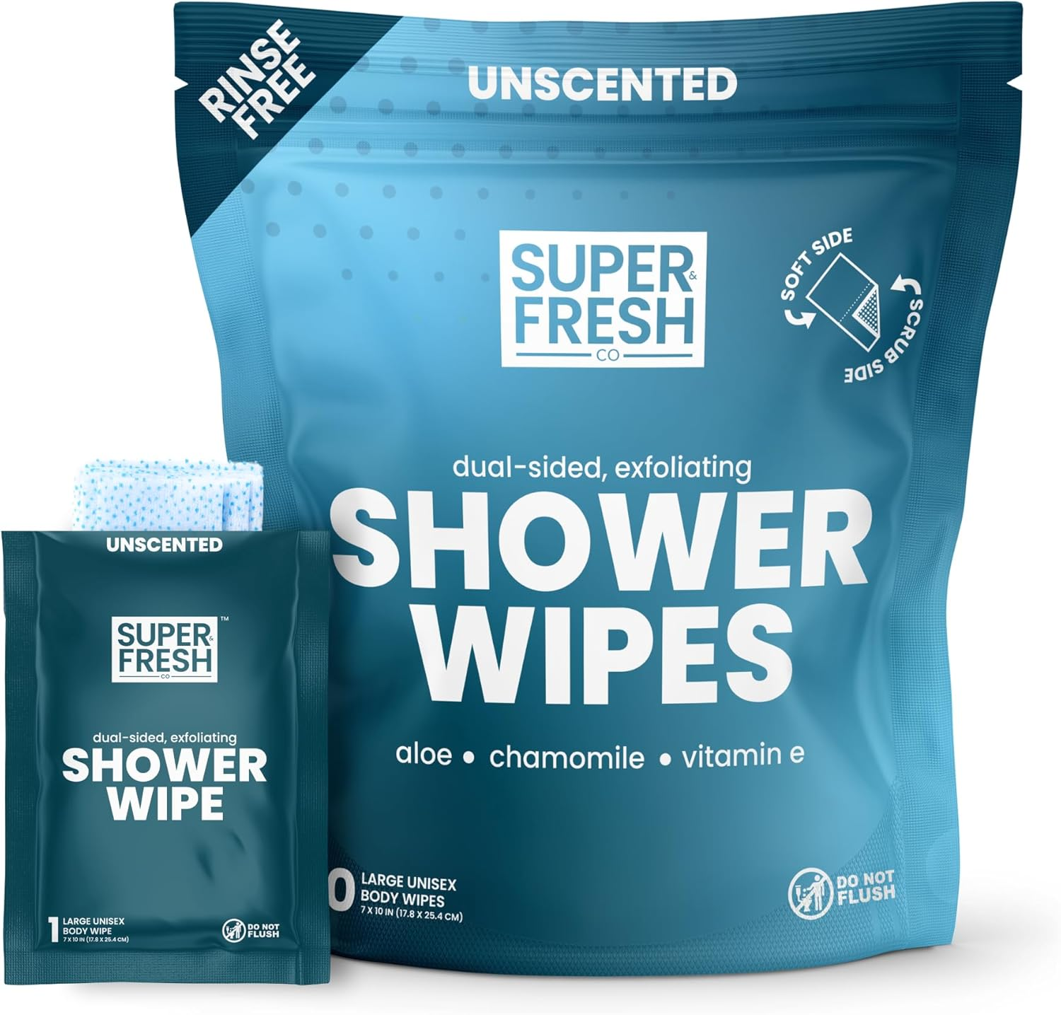 Super Fresh Funkblock Shower Wipes - Large Body Wipes for Hygiene, Camping Wipes, Gym & Travel. No Rinse Bathing Wipes with Aloe & Vitamin E. Unscented. Bag of (10) Individually Wrapped Wipes image number 4