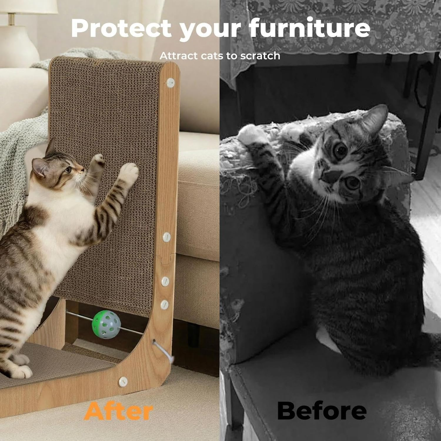 Pawz Cat Scratcher, L Shape Cardboard Cat Scratching with Ball Toy, Multi-Functional Pet Cat Scratch Board, Eco-Friendly and Durable, Protect Furniture, Cat Furniture for Indoor Cats image number 2