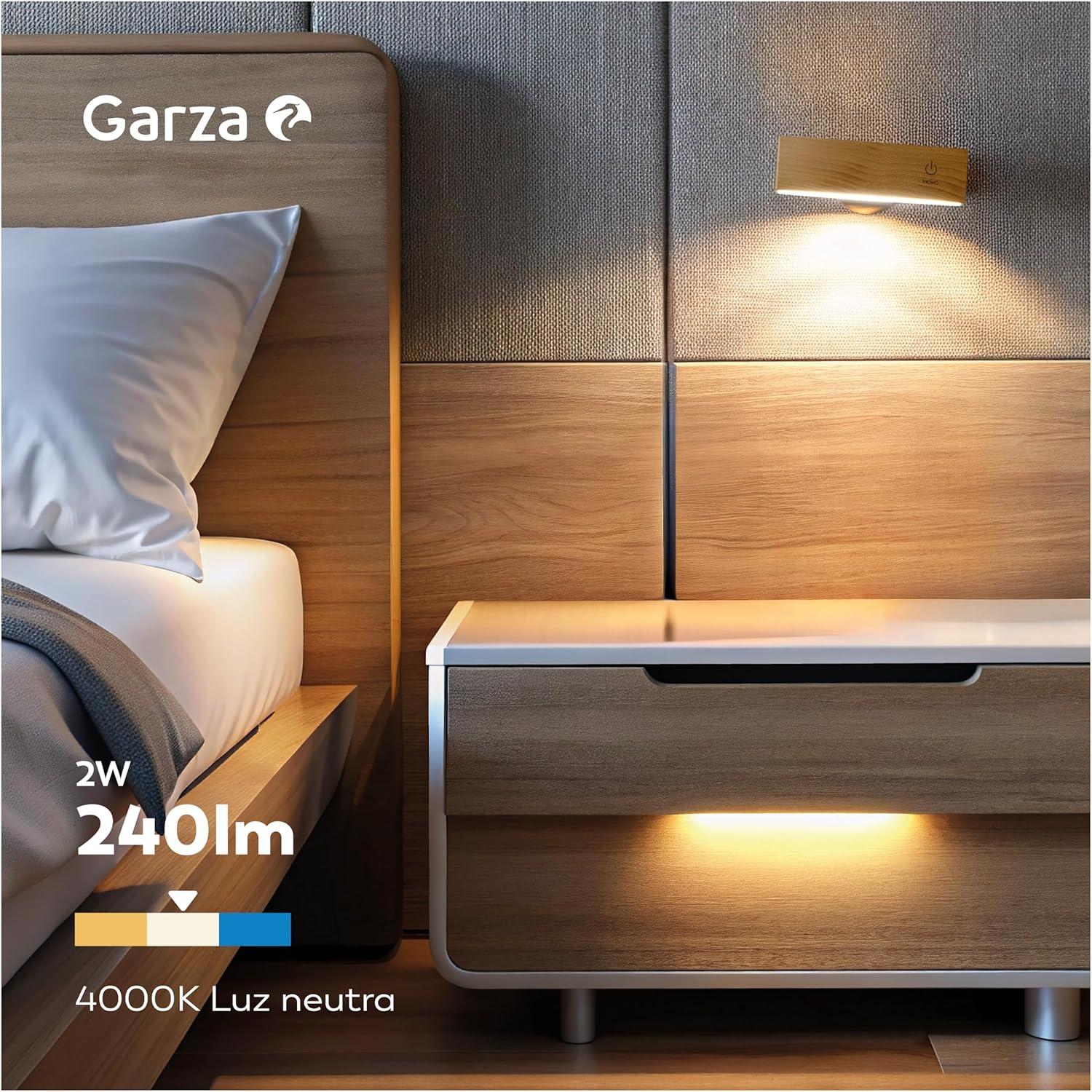 Garza - Vega Portable LED Wall Light, 2 W, 240 Lm, Dimmable Light 4000 K, 3000 Mah Battery up to 30 Days, USB-C, Wireless Installation, Light Wood Design, 1 + 1 Pack