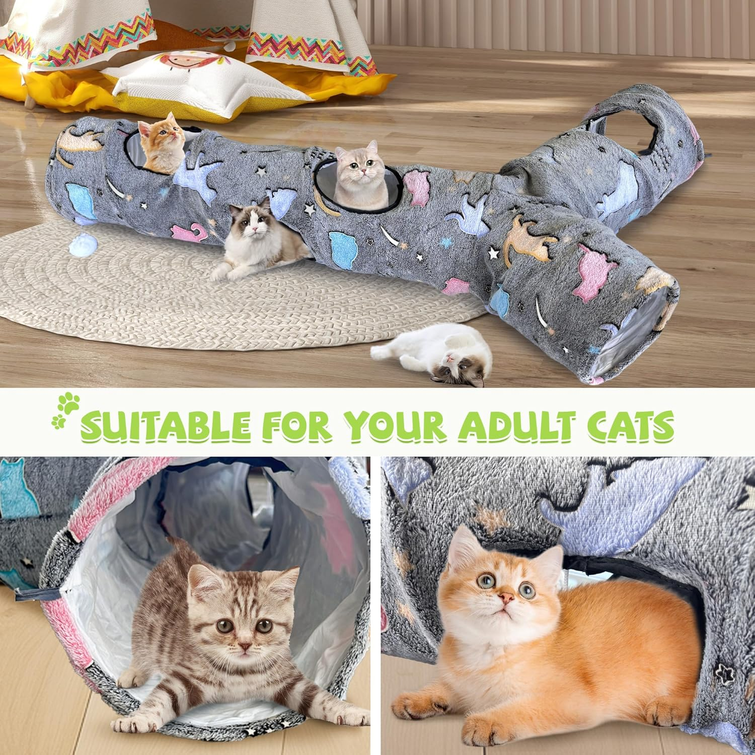 GRETMIX Cat Tunnels for Indoor Cats, Self-Luminous Cat Tunnel with Plush Ball, 3 Way Kitten Tunnel Collapsible, Cat Play Tunnel with Interactive Peephole for Large Cat, Puppy, Kitten