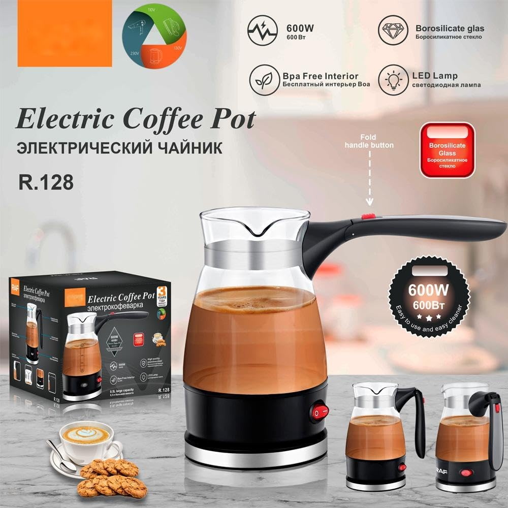 Electric Turkish Coffee Pot, 600W, 500Ml Capacity, Borosilicate Glass, LED Indicator, Foldable Handle
