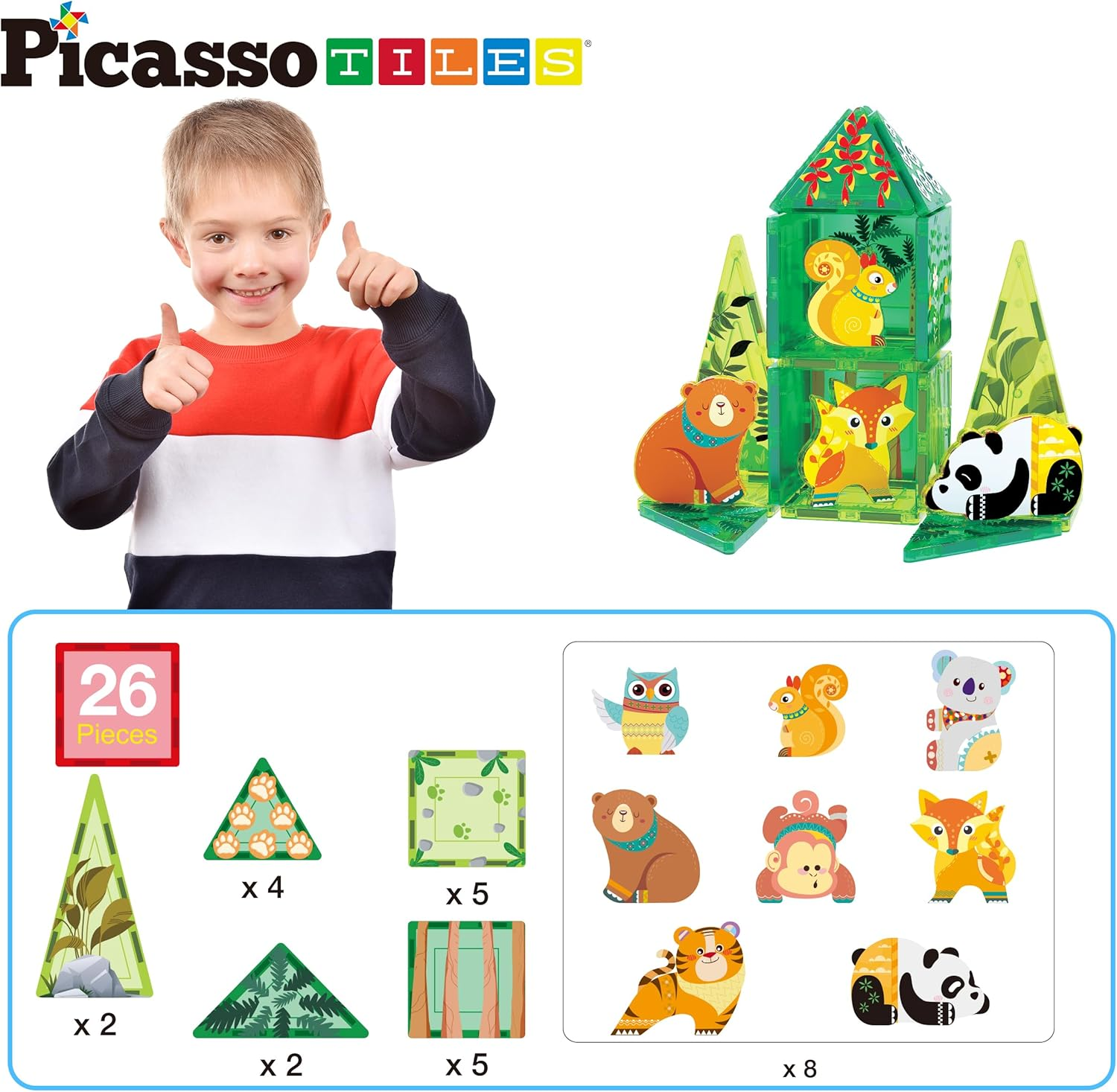 Picassotiles Magnet Tile Building Blocks Forest Animal Themed Playset with 8 Character Action Figures Educational STEM Learning Construction Kit Pretend Play Magnetic Tiles Toddler Kids Ages 3+ PTQ26 image number 3