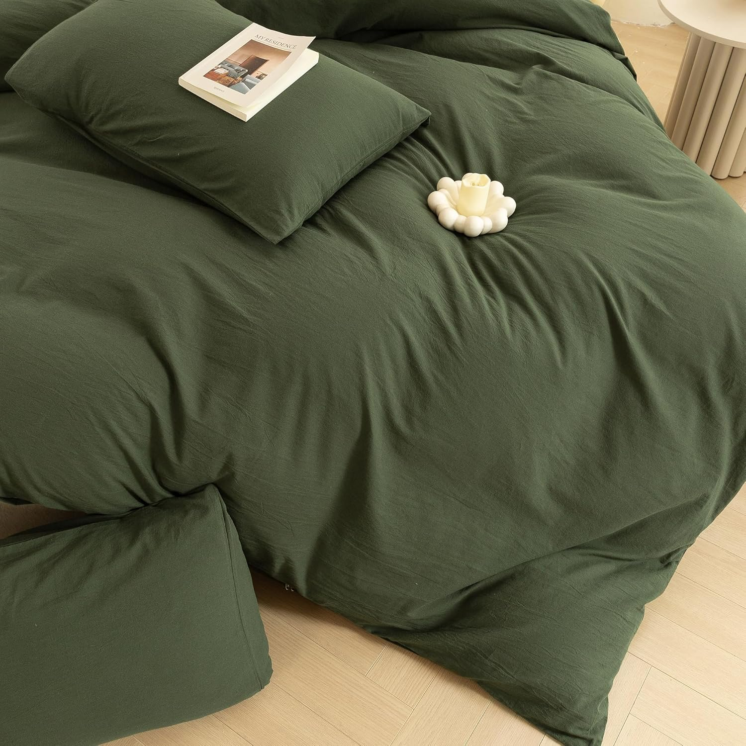 ECOCOTT 3 Pieces Duvet Cover Set Queen 100% Washed Cotton 1 Duvet Cover with Zipper and 2 Pillowcases, Ultra Soft and Easy Care Breathable Cozy Simple Style Bedding Set (Avocado Green) image number 5