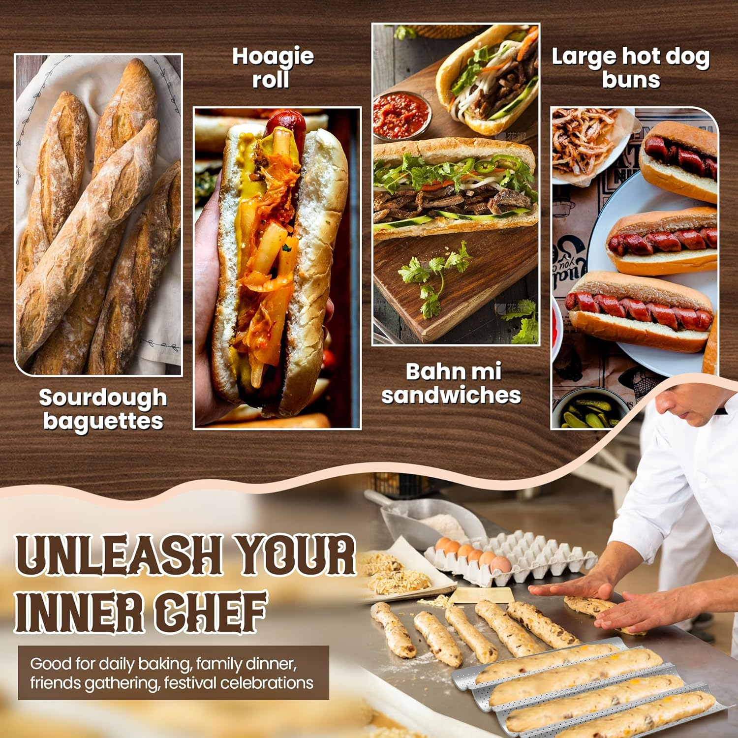 Pavsrmy Baguette Bread Pan, Premium Nonstick Perforated Baguette Pan for French Bread Baking, 4 Loaves Baguette Baking Tray for Sourdough, Italian Bread, Perfect for Creating Crisp Golden-Brown Crust image number 2