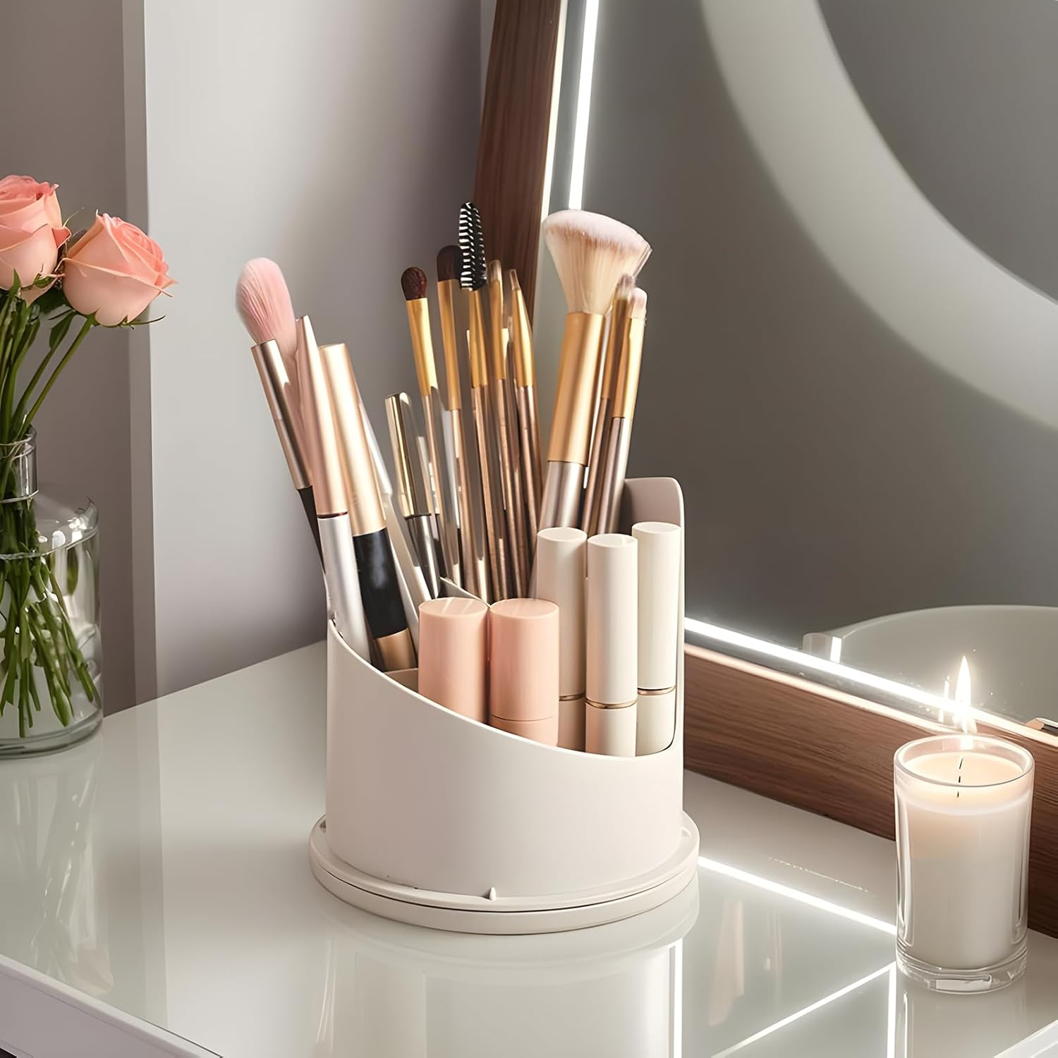 Enclosed Toothbrush Holder | Bathroom Organizer for Dressing Table - 360 Rotating Dustproof Makeup Brush Holder with Sliding Lid for Bathroom image number 3